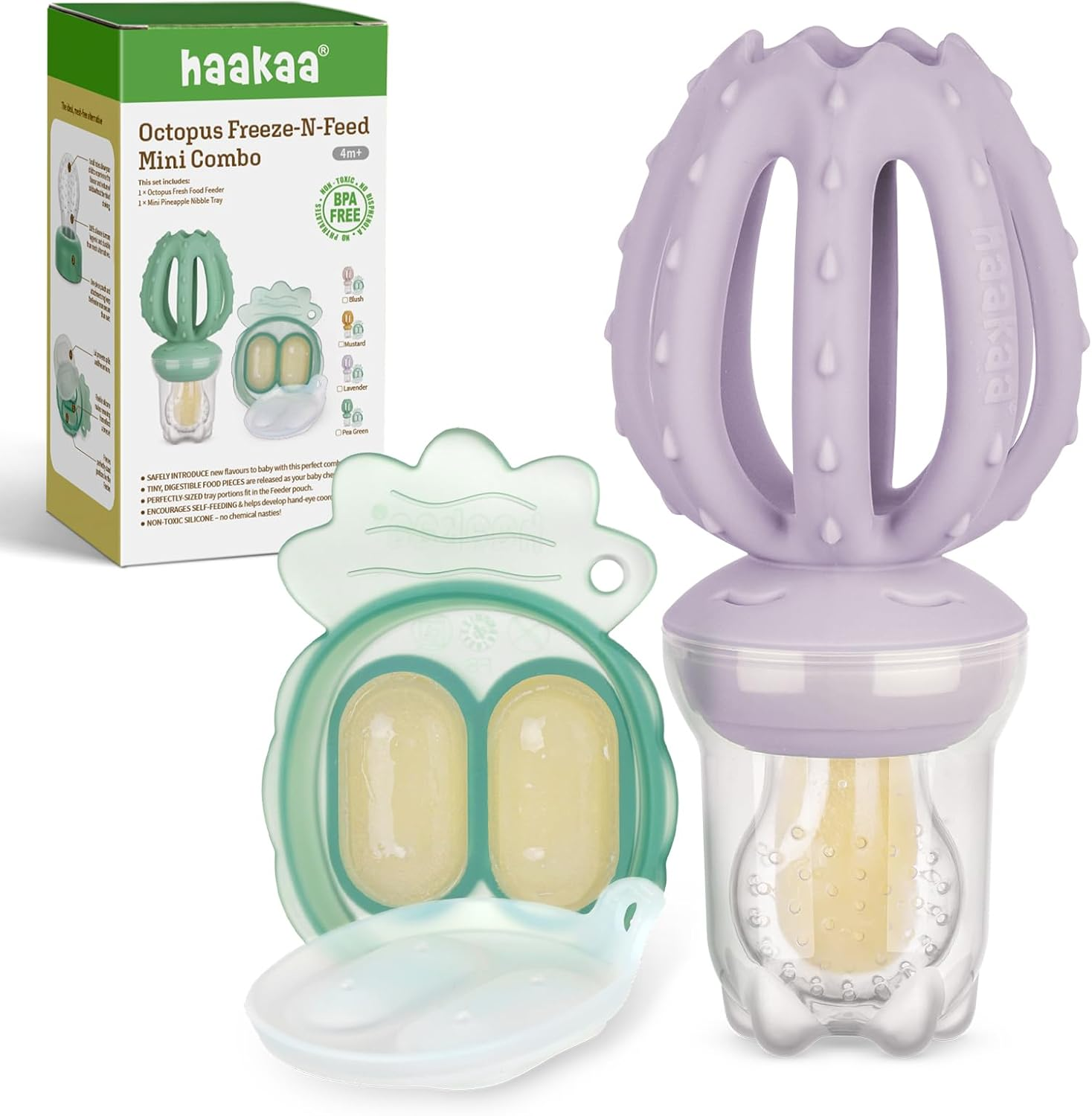 Haakaa Octopus Baby Fruit Food Feeder & Mini Freezer Nibble Tray Combo, Breastmilk Popsicle Molds for Cooling Relief, BPA Free Silicone Feeder for Safe Infant Self Feeding, 4 Month+ (Lavender) image number 3