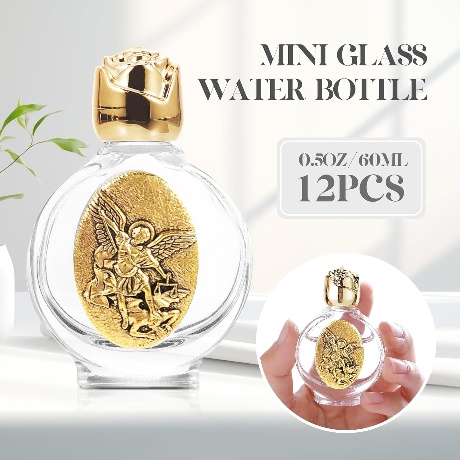 12 Pcs Embossed Holy Water Bottles 0.5 Floz Glass Water Bottle Portable Holy Water Container Church Blessing Decorations Bottles for Home Wedding Baptism Party Favors(Gold，Angel) image number 4