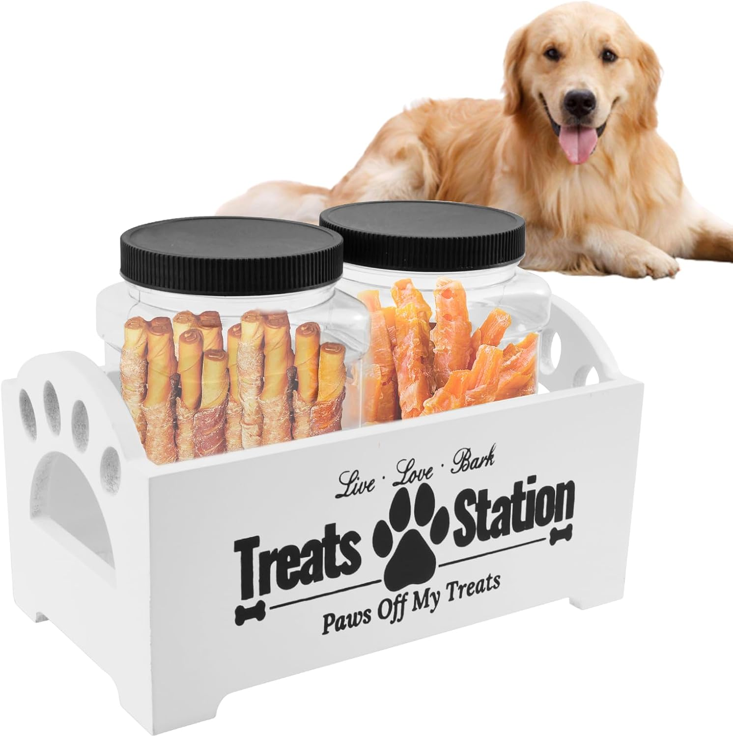 Dog Treat Container,Dog Food Storage Wood with 2 Plastic Jars,Dog Cookie Jar for Dog Food Storage for Pet Owners and Lovers (White)