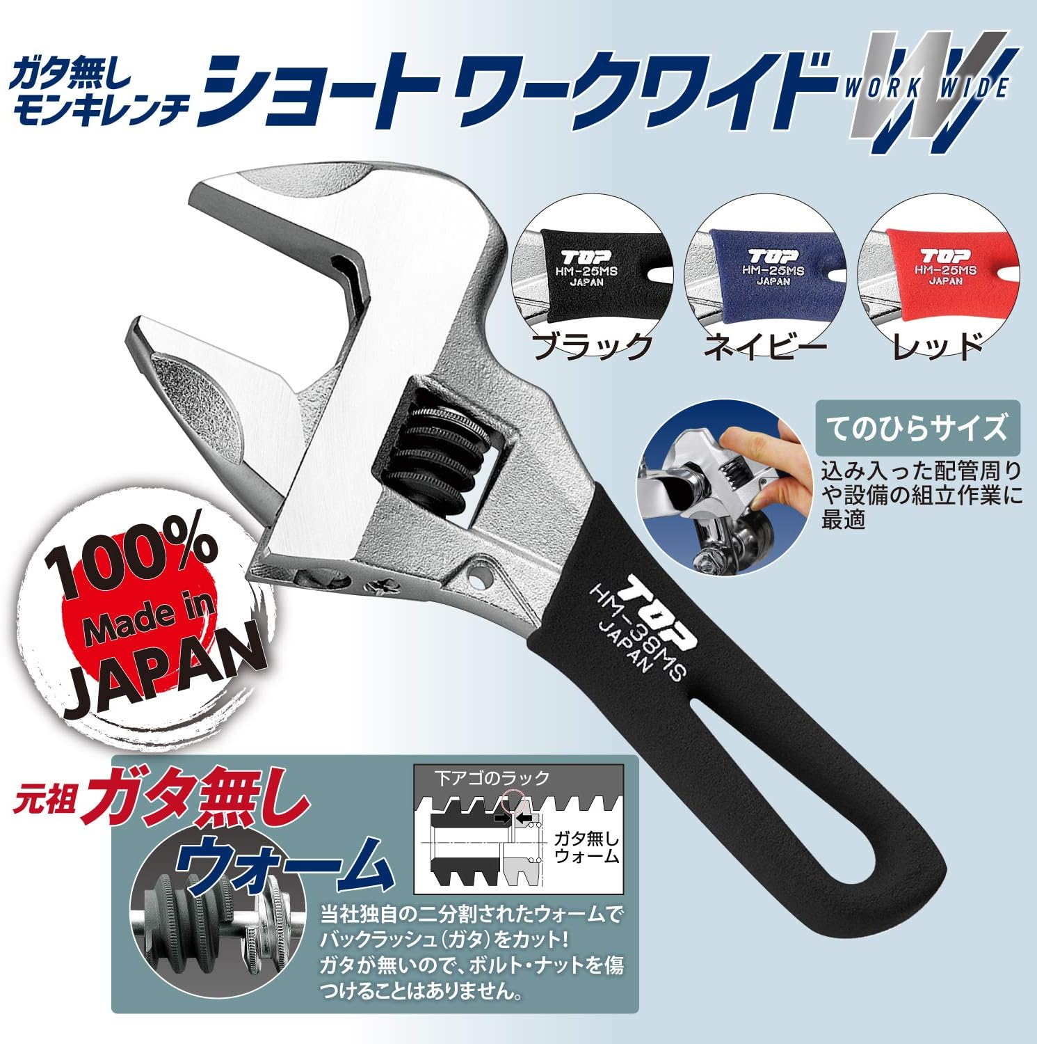 Top Industries Tsubamesanjo HM-32MSNB No-Backlash Monkey Wrench, Short Work Wide, Mouth Opening 0-1.3 Inches (0-32 Mm), Navy, No Backlash Warm, Made in Japan