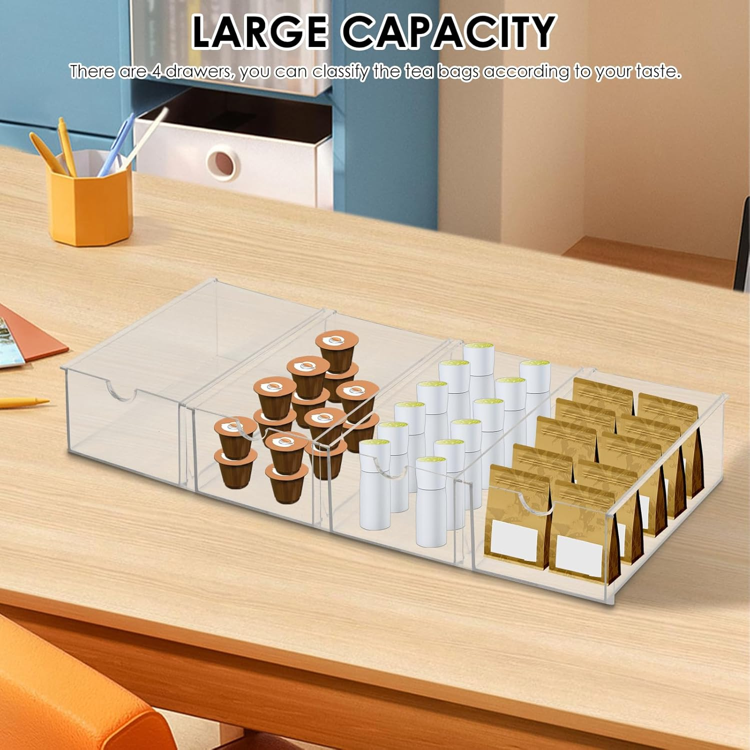 Clear Tea Bag Organizer Drawer, Tea Bag Organiser & Storage Box Stackable Storage Holder 4 Drawers Large Capacity Storage Drawer for Countertop Cabinet image number 3