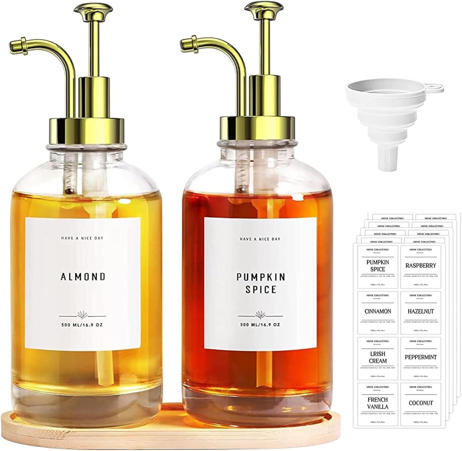 Syrup Dispenser, Coffee Syrup Dispenser Set - Glass Syrup Bottle with Pump for Coffee Bar - 16.9 Oz 500 Ml - Set of 2, Gold image number 3