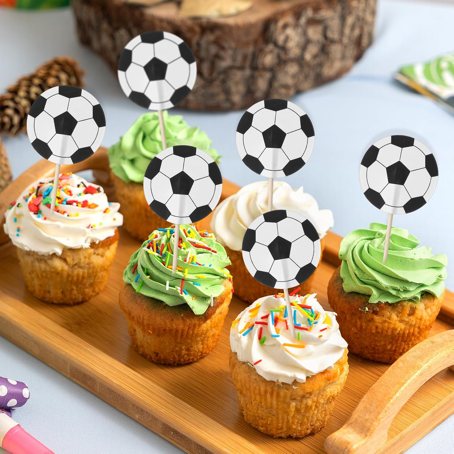 48 PCS Soccer Ball Cupcake Toppers Football Cake Toppers, Food Toothpicks Soccer Party Decorations for Kids Sport Balls Theme Parties, Baby Shower and Birthday Cake Decorations image number 1
