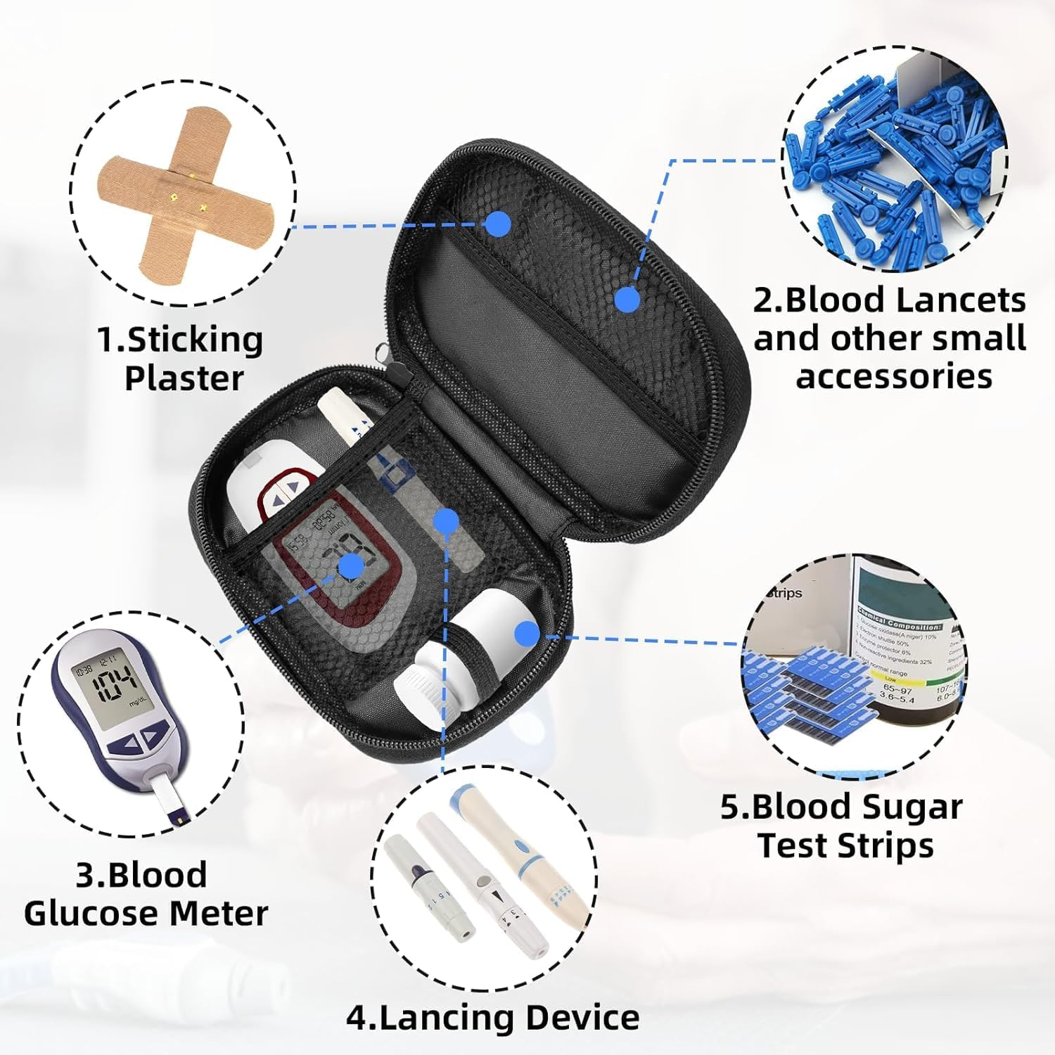 Diabetes Testing Kit Travel Organizer - Water-Resistant Oxford Fabric Storage Pouch with Mesh Compartments for Glucose Meter Lancets Test Strips Medical Supplies Portable Diabetic Essentials Carrier image number 1