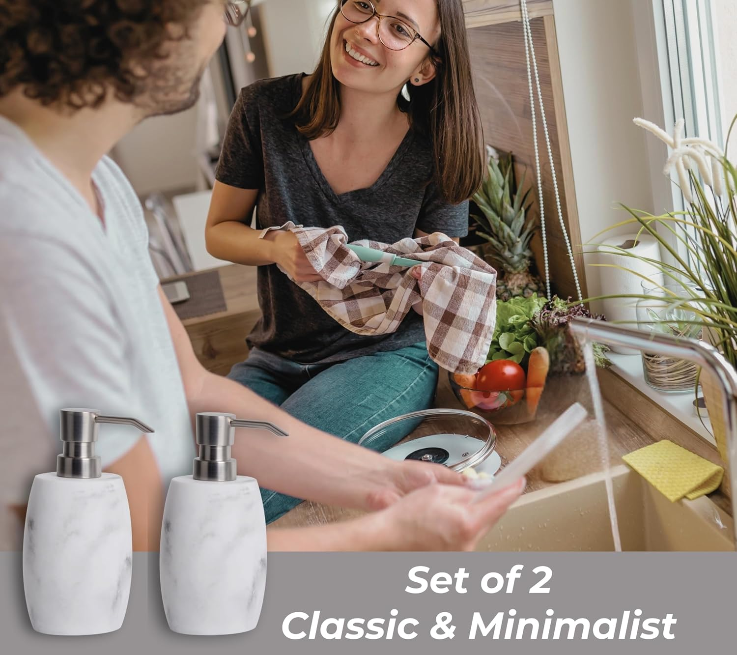 Sandstone Soap Dispenser, 350 Ml Resin Refillable Bottle with Metallic Pump & Waterproof Labels &ndash; White Marble, 2-Pack for Bathroom, Kitchen, Hand Wash & Dish Soap - White_2 Pcs image number 2