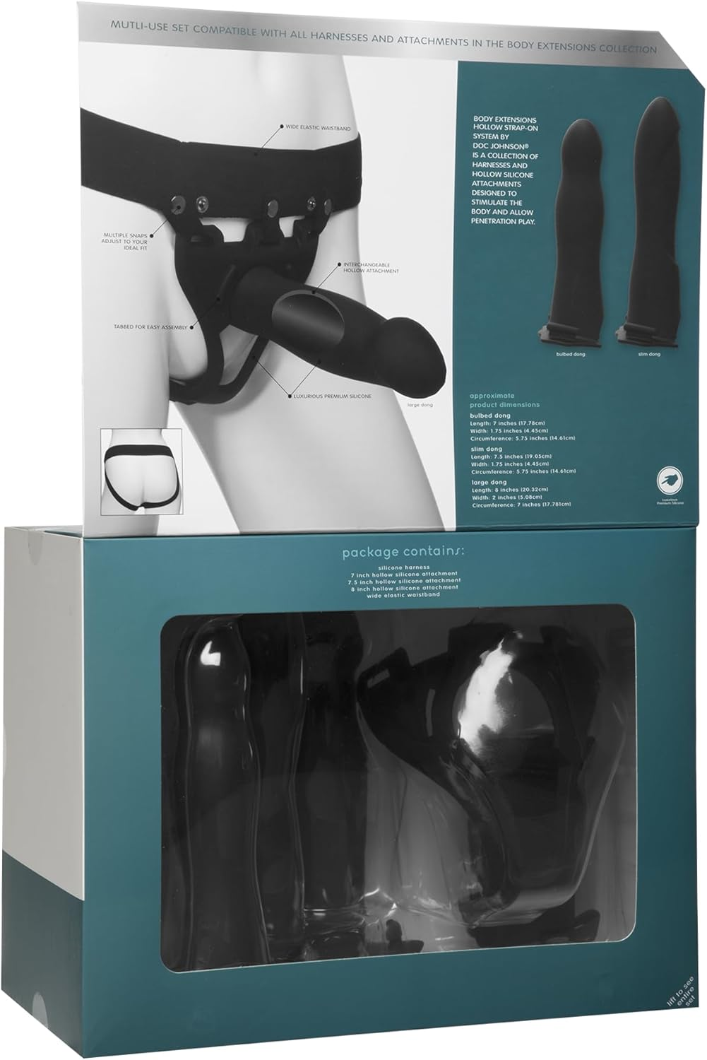 Doc Johnson Body Extensions - BE Ready - Hollow Strap-On System - Silicone Harness with Elastic Waist Band and 3 Hollow Dildos image number 2