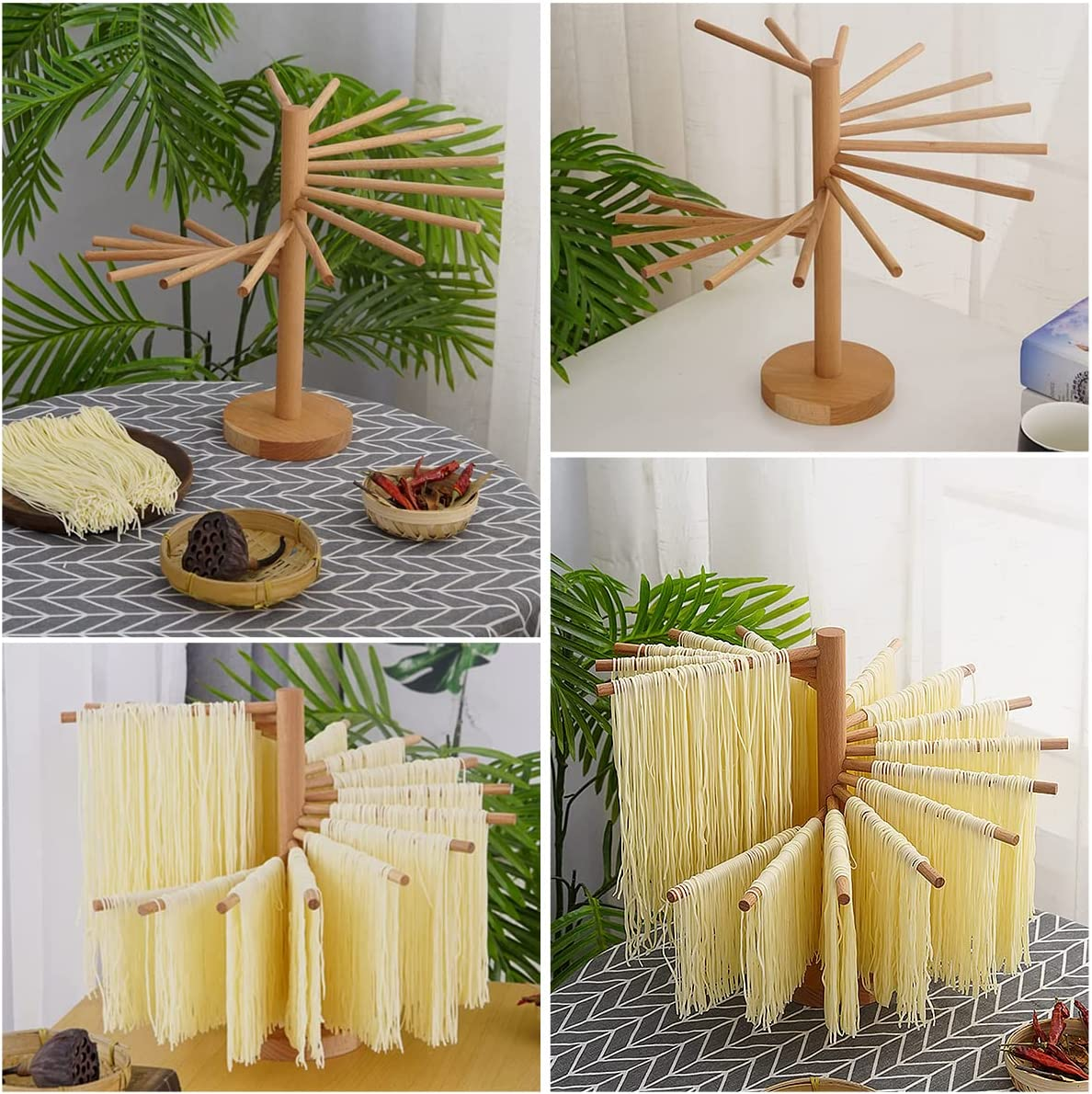 Collapsible Pasta Drying Rack, Wooden Spaghetti Stand Dryer with 16 Suspension Rods Homemade Fresh Noodle Tree Stand Hanger, Easy Storage & Quick Set-Up Hanging Rack for Home Kitchen (A) - C image number 3