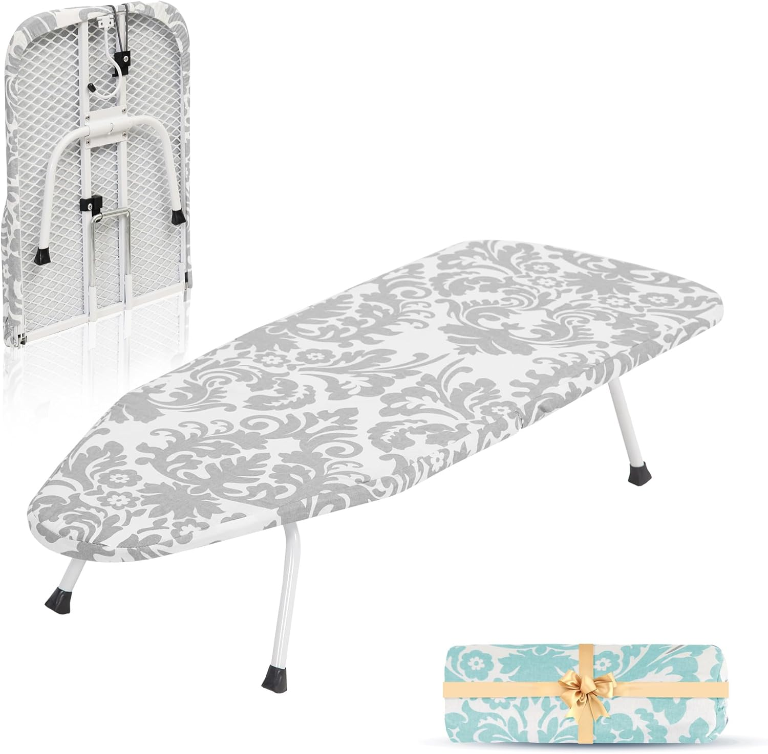 STORAGE MANIAC Tabletop Ironing Broad, All Iron Mini Folding Ironing Broad with 2 Removable Cover, Portable Small Ironing Broad with 7 Mm Thick Pad for Laundry Room, Apartment, Dorms - Silver & Blue