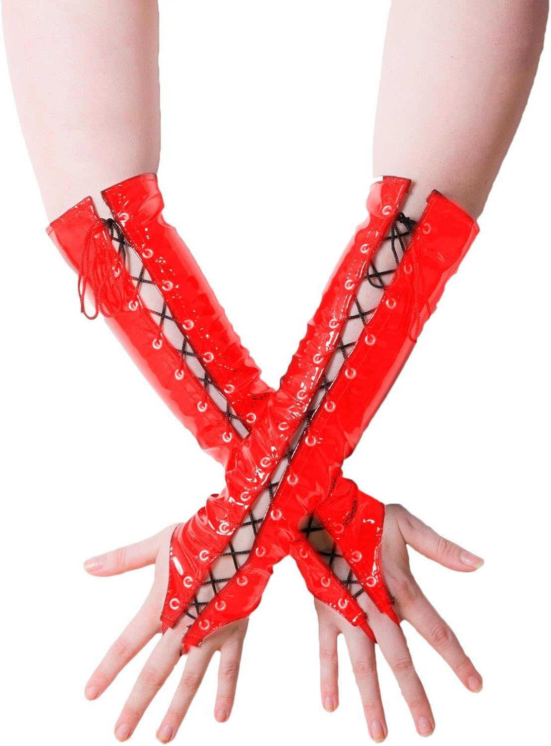 Fashion Queen Women'S Sexy PVC Gloves Pole Dancing Lace up Fingerless Gloves