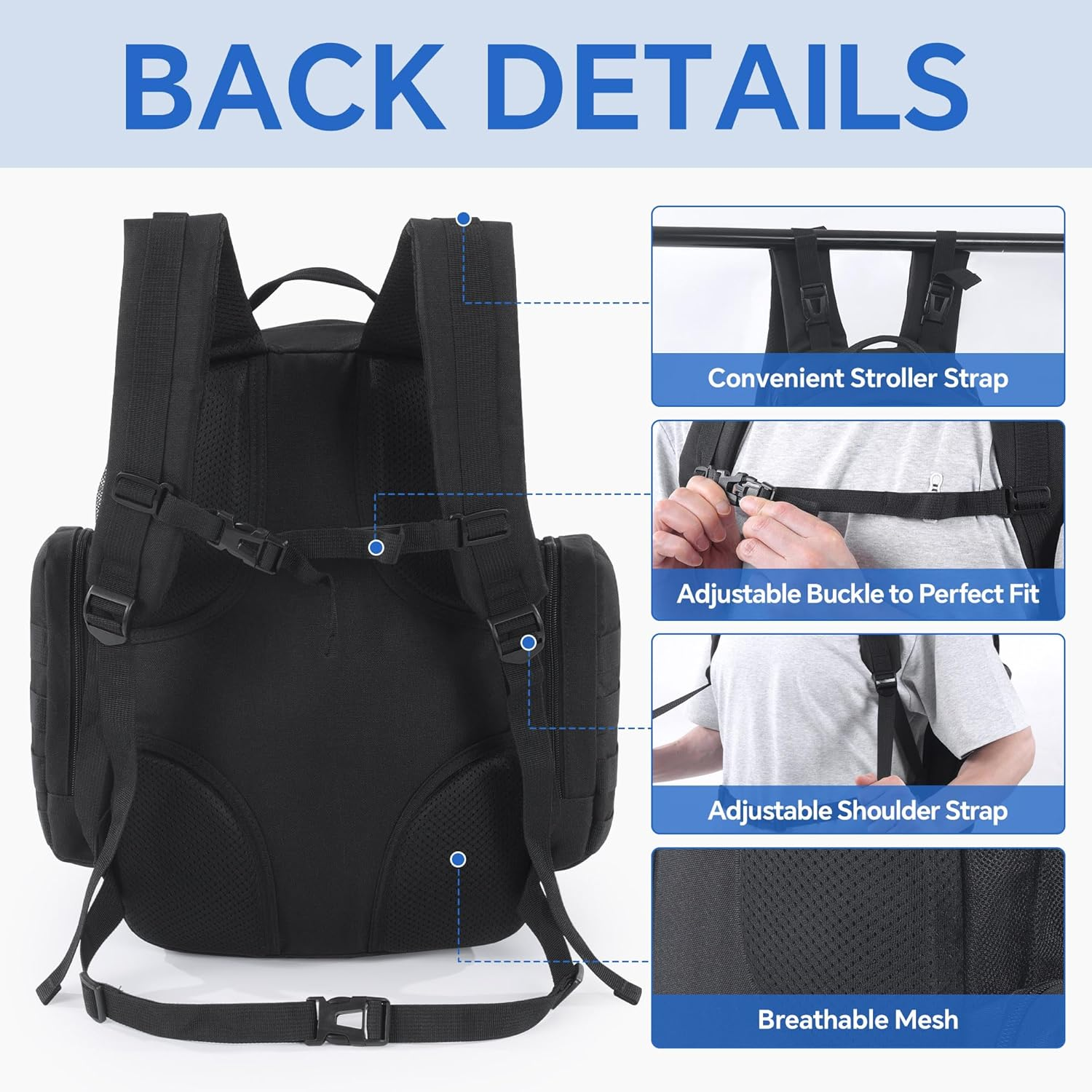 MABOZOO Black Military Dad Diaper Bag Backpack with Waterproof Changing Pad,Molle Style Mens Diaper Bag for Travel,Large Baby Backpack Bag with Insulated Bottle Holders image number 1