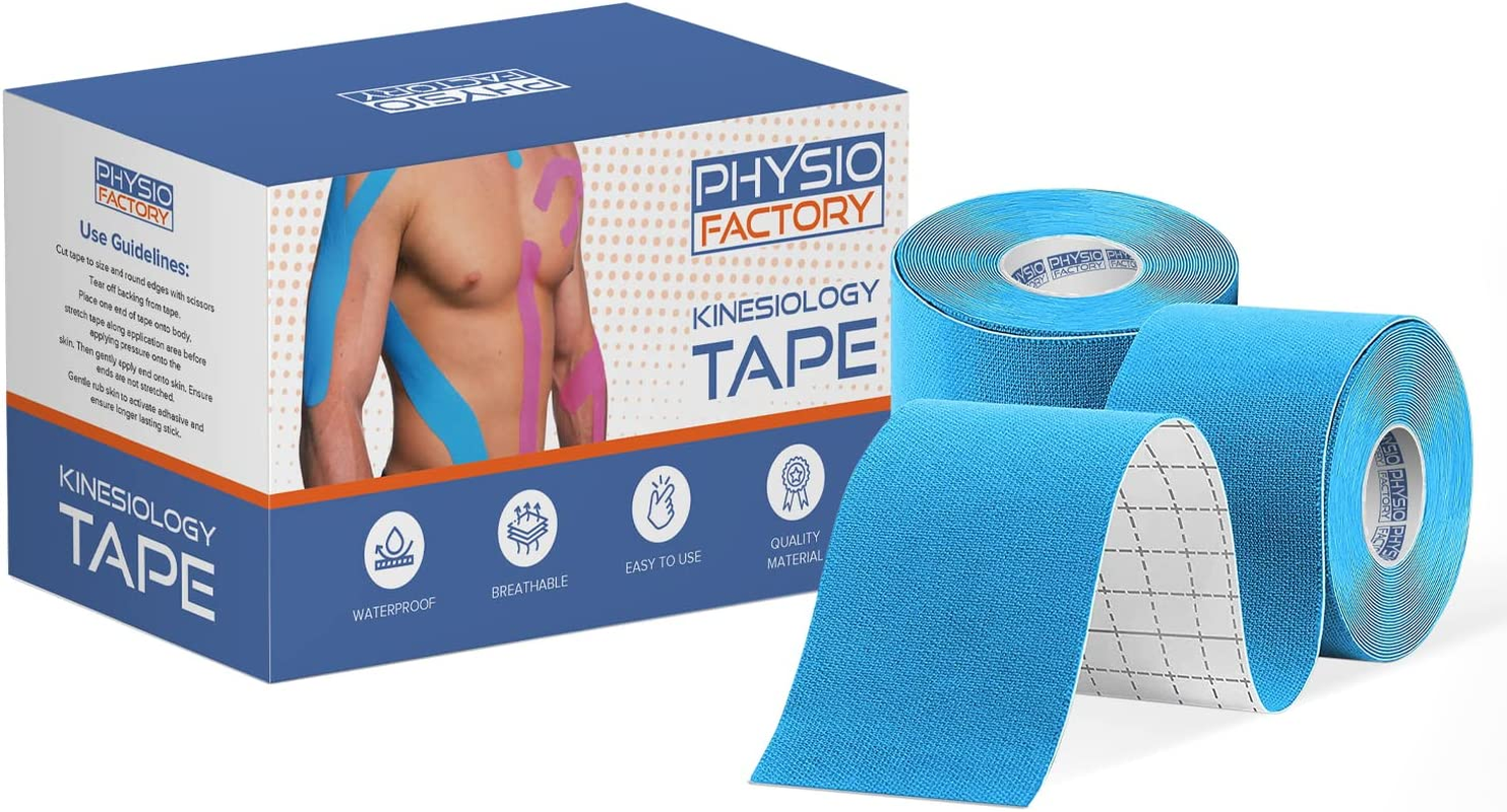 (2 Pack) Kinesiology Tape for Physical Therapy Sports Athletes &ndash; Latex Free Elastic, Water Resistant Kinetic Uncut Kinesiology Tape for Knee Pain, Elbow & Shoulder Muscle - Physio Factory (Blue/Pink)