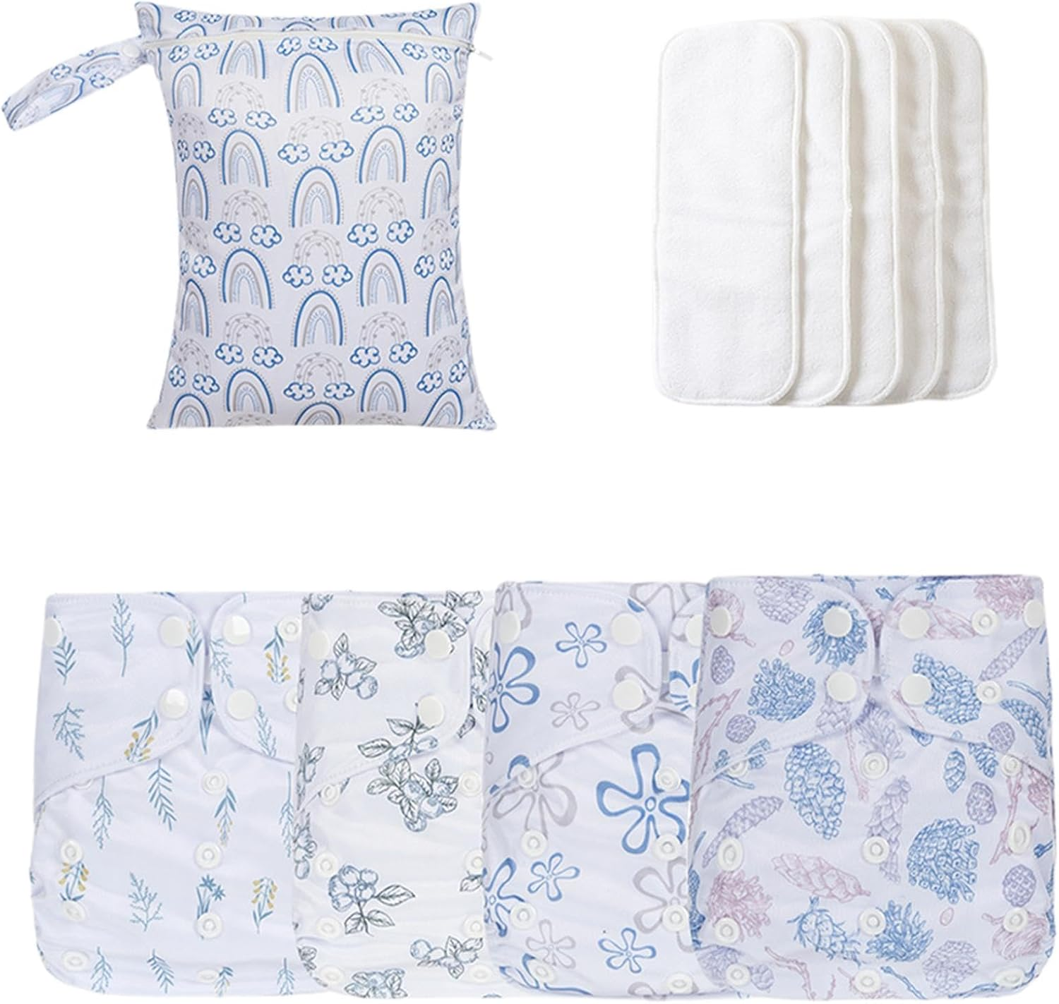 Qkbuza Cloth Diapers for Babies | Adjustable Washable Cloth Baby Diapers | 4X Absorbent & Breathable Liners, Waterproof Cover with 4 Inserts & 1 Wet Bag for Toddler Boys Girls