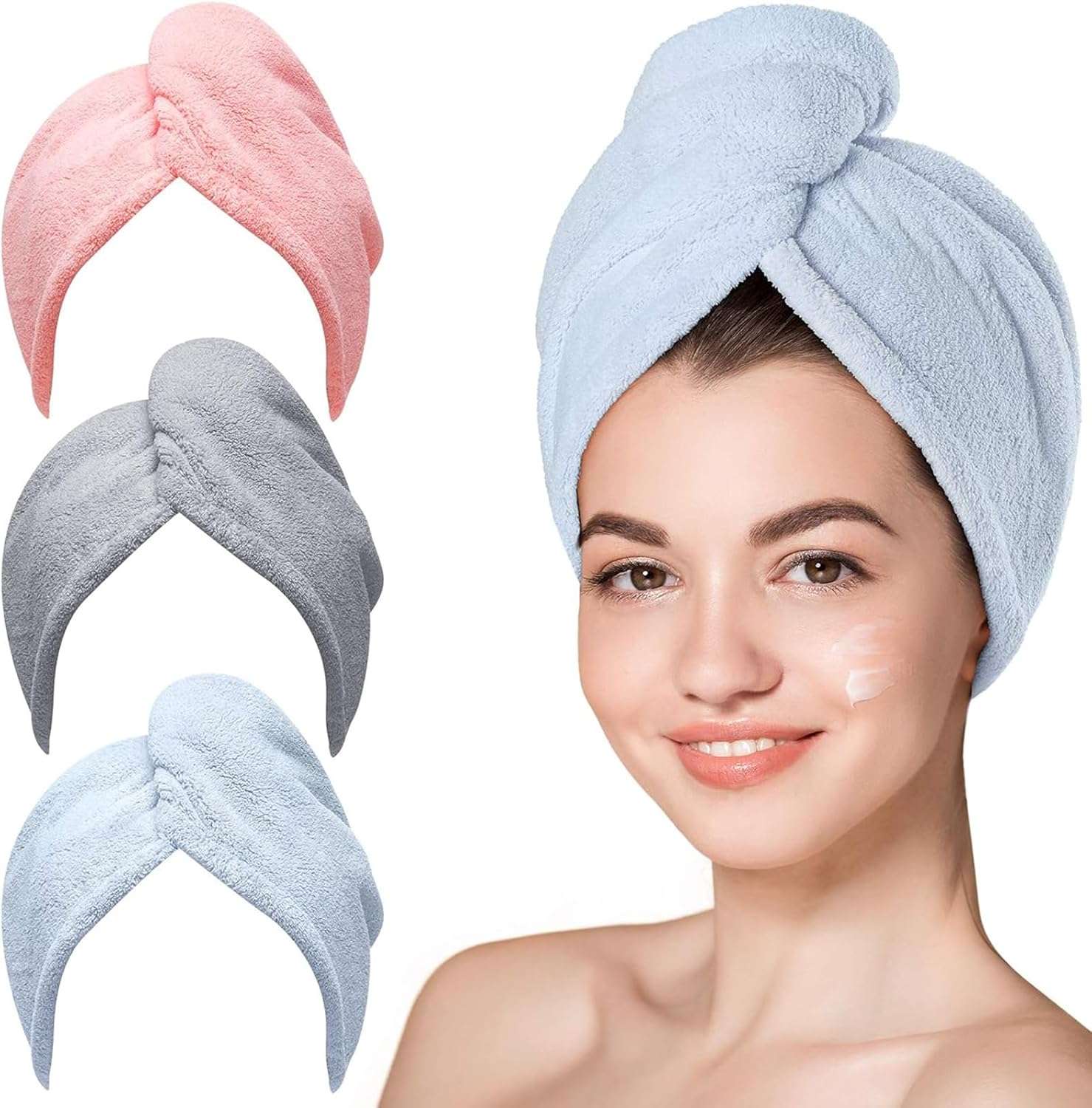 KU Pack of 3 Microfibre Hair Towels, Turban Hair Towel with Button, Super Absorbent, Quick-Drying, Haircare, Sleeping, Suitable for Women and Children, Long, Short, Curly Hair (Grey, Pink, Blue) image number 3