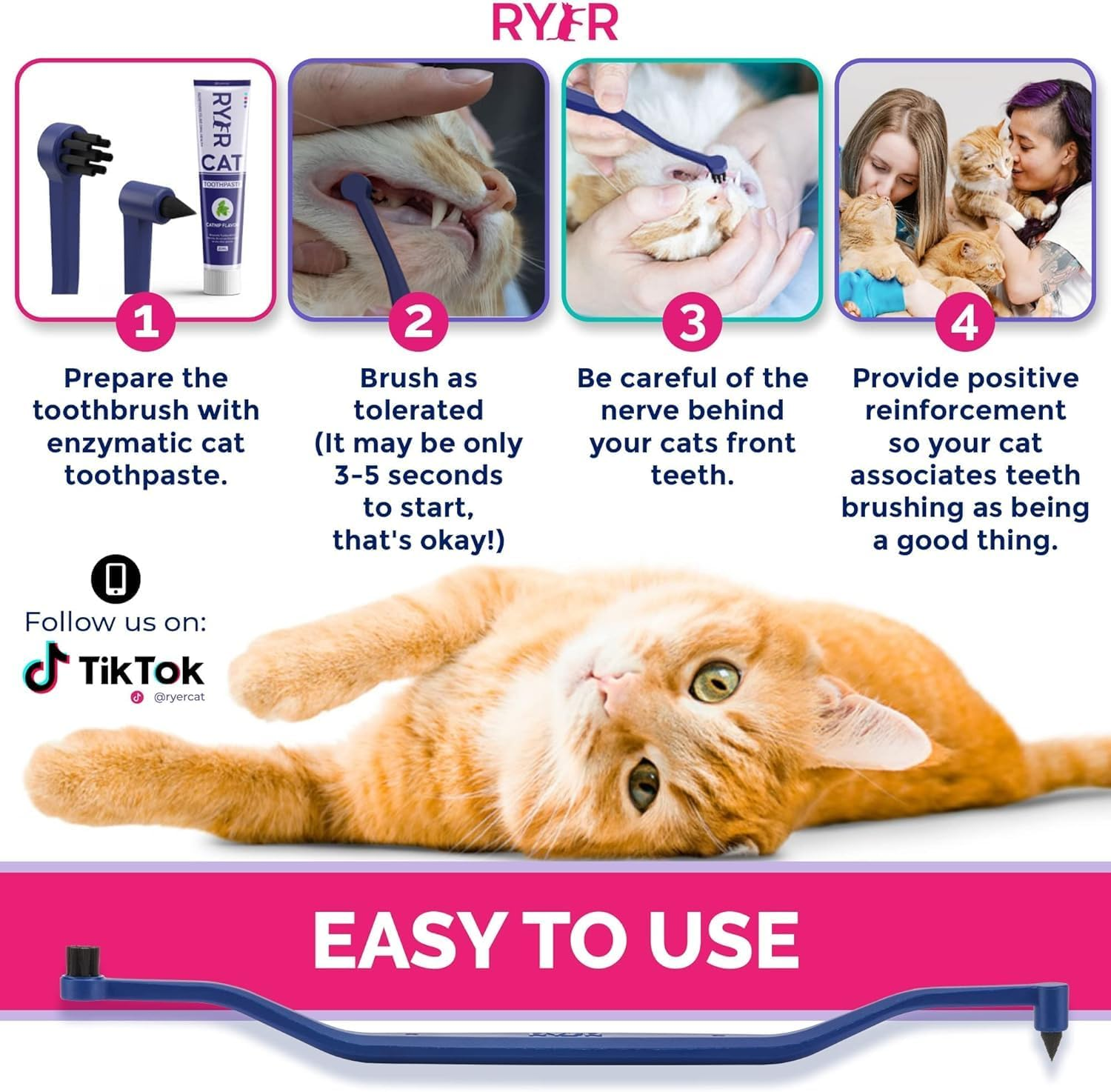 RYERCAT Set of 5 Dual-Sided Cat Toothbrushes - Kitten Toothbrush with Micro Head to Fit into Cat/Kittens Mouth - Cat Dental Care Supplies - Pet Toothbrush for Cats - Amethyst Purple  Ocean Blue image number 2