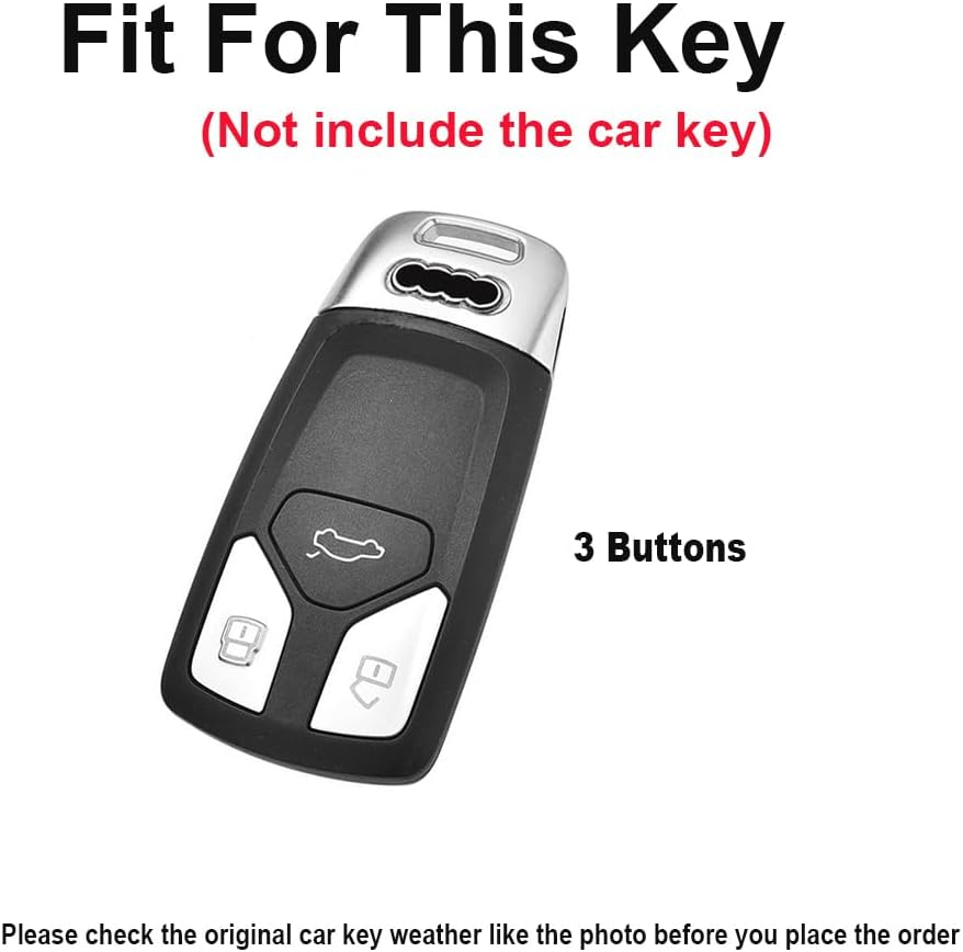 Car Key Case Zinc Alloy Key Fob Holder Cover Leather Keychain Fit for Audi A4 S4 RS4 B9 A5 F5 S5 RS5 A6 A7 C8 A8 S8 Q2 Q5 SQ5 Q7 SQ7 TT TTS TTRS R8 3 Buttons Protector Covers Silvery Black image number 4