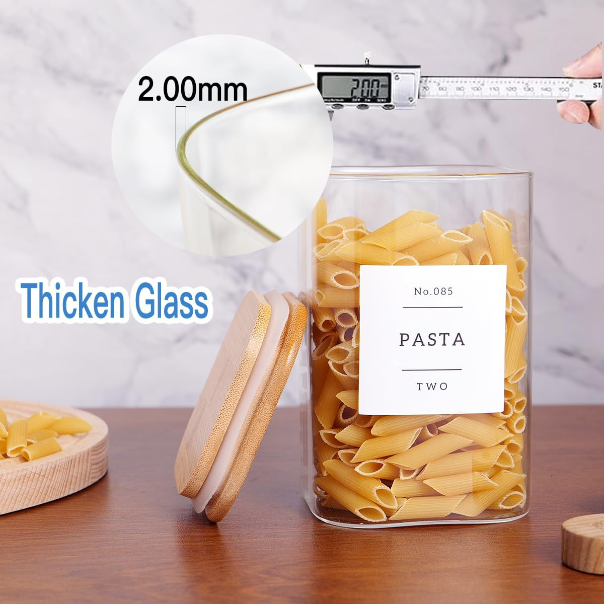 CZZGSM 6 Pack Square Glass Kitchen Storage Jars with Airtight Bamboo Lids and 132 Pantry Labels - 35Oz Glass Canisters with Wood Lids - Glass Food Storage Containers for Coffee, Cookie, Tea, Spice image number 4