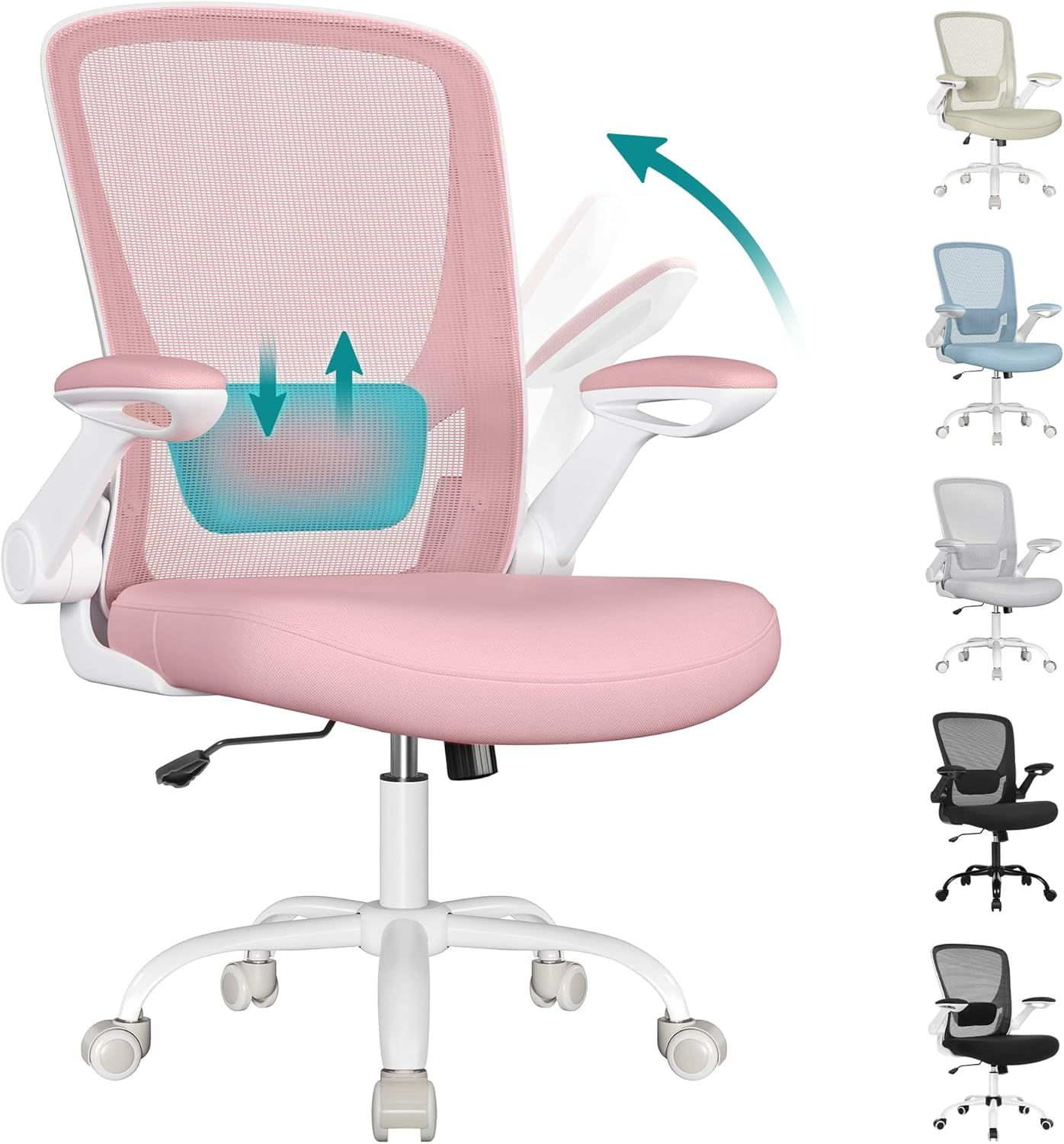 SONGMICS Ergonomic Fabric Office Chair, Padded Lumbar Support, Tilting Mechanism, Wide Seat 53Cm, Folding Armrests, Candy Pink, OBN037R01 image number 2