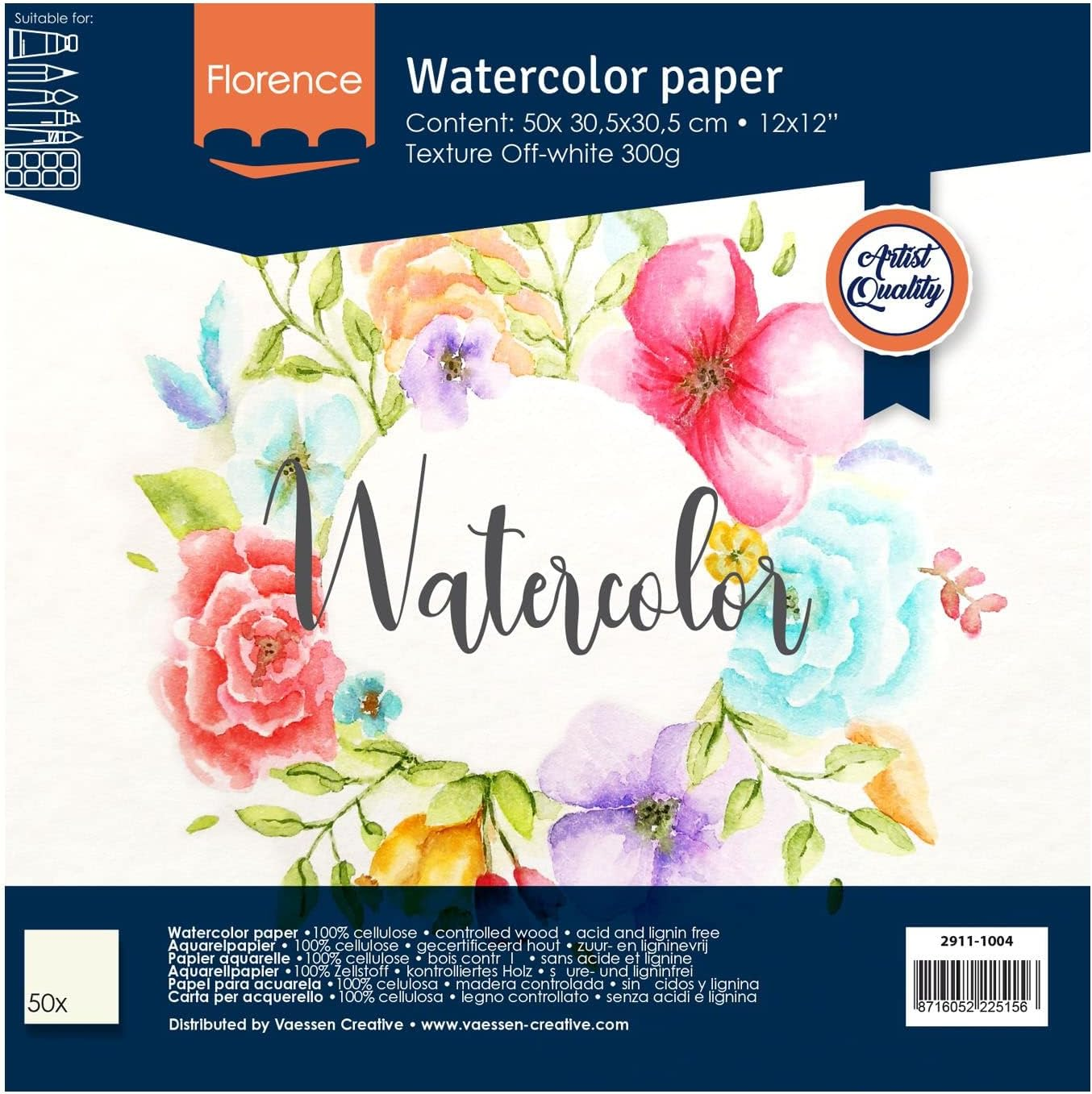 Vaessen Creative Florence Watercolour Paper 12X12 in Ivory, 300 GSM, Artist Grade Quality, Smooth Surface, 50 Sheets for Scrapbooking, Painting, Handlettering, Art Projects, 12 X 12
