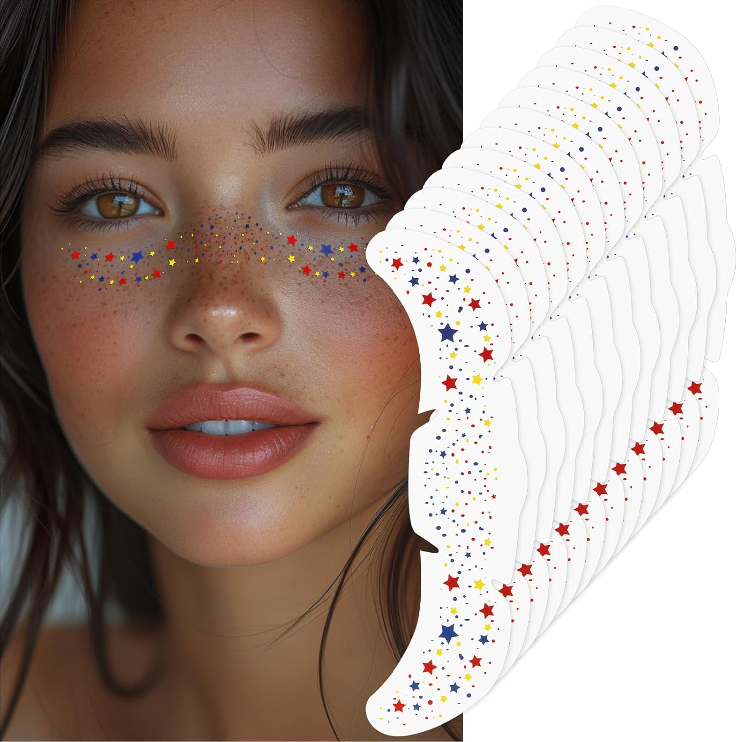 LOPHE Temporary Freckles Tattoos, 12PCS Freckles Glitter Temporary Tattoos Anti-Hearing Waterproof Tattoos Colorful Stars Dots for Carnival Shows Party Festival