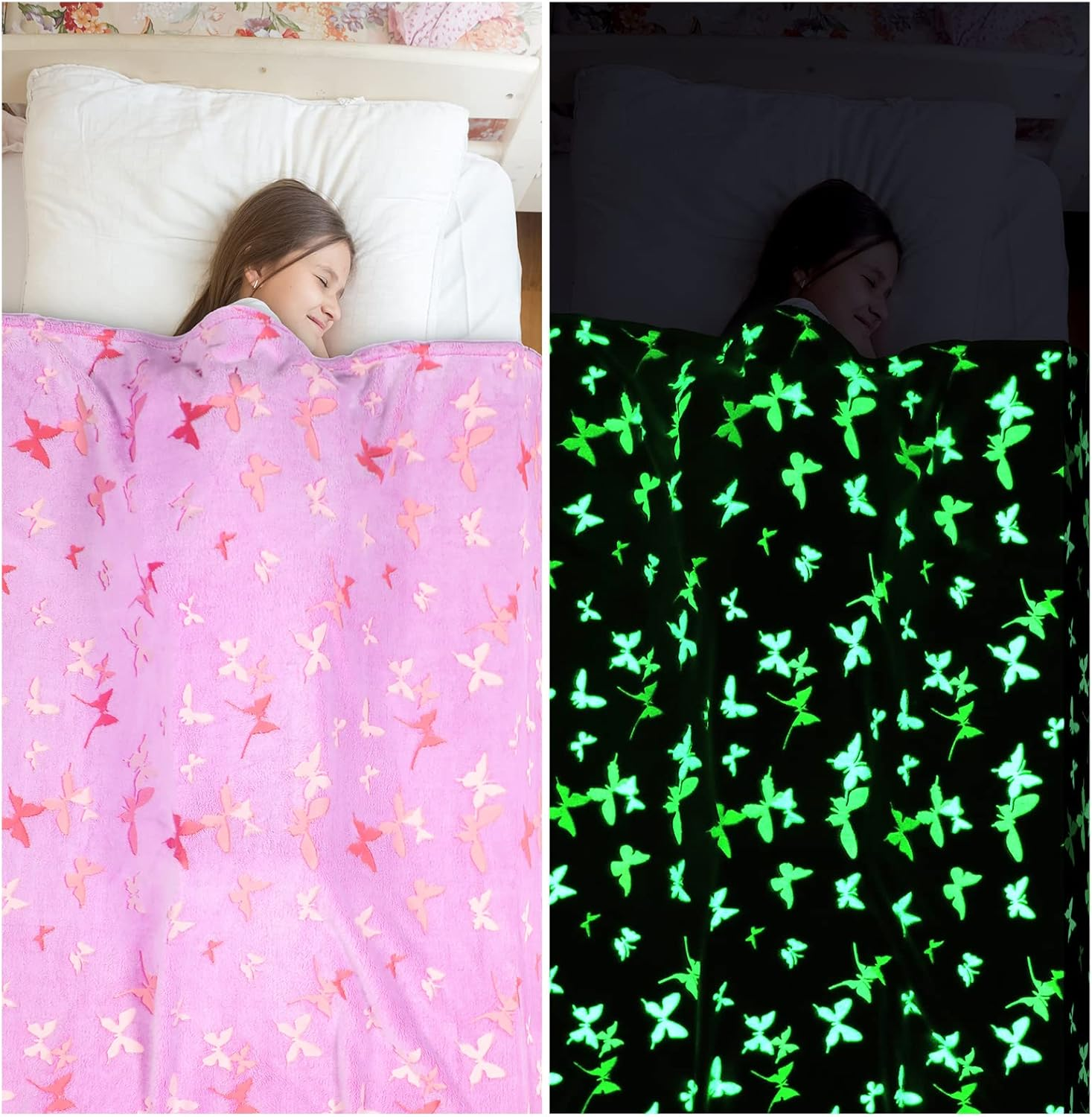 Glow in the Dark Blanket Butterfly Gifts for Kids Girls Birthday Christmas Bedroom Bed Room Decor Soft Cozy Fluffy Plush Fleece Premium Luminous Throw Fun Cool for Teen Toddler 50"X60" - Pink image number 2