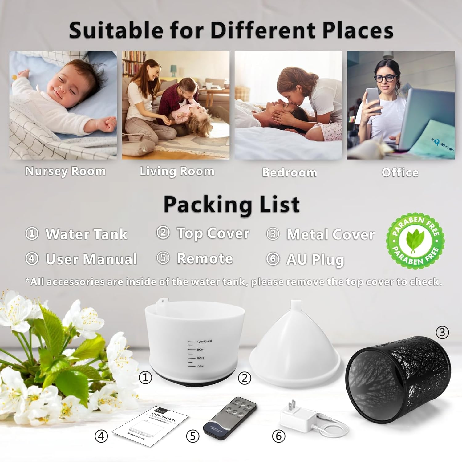 Sunfuny Essential Oil Diffuser, Aromatherapy Metal Oil Diffuser 400Ml with Remote Control, Ultrasonic Aroma Diffuser Mini Air Humidifier Fragrance Vaporizer with 7 Color LED Light (Black Forest Iron) - Black Forest image number 5