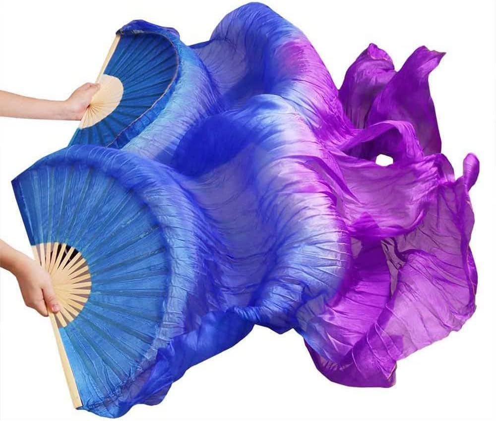 TMZAQH Women 1 Pair (Left+Right) Silk Belly Dance Fans Veil Belly Dancing Long Folding Fans Length 180 Cm * 90 Cm