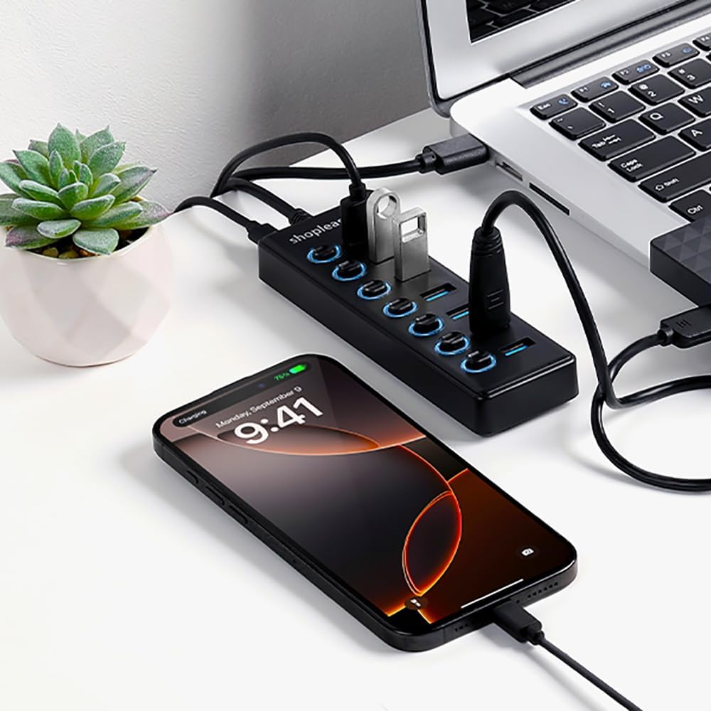 USB 3.0 Superspeed Hub with 1M Line, 7 Ports Splitter with Individual Power Switches and LED Light image number 1