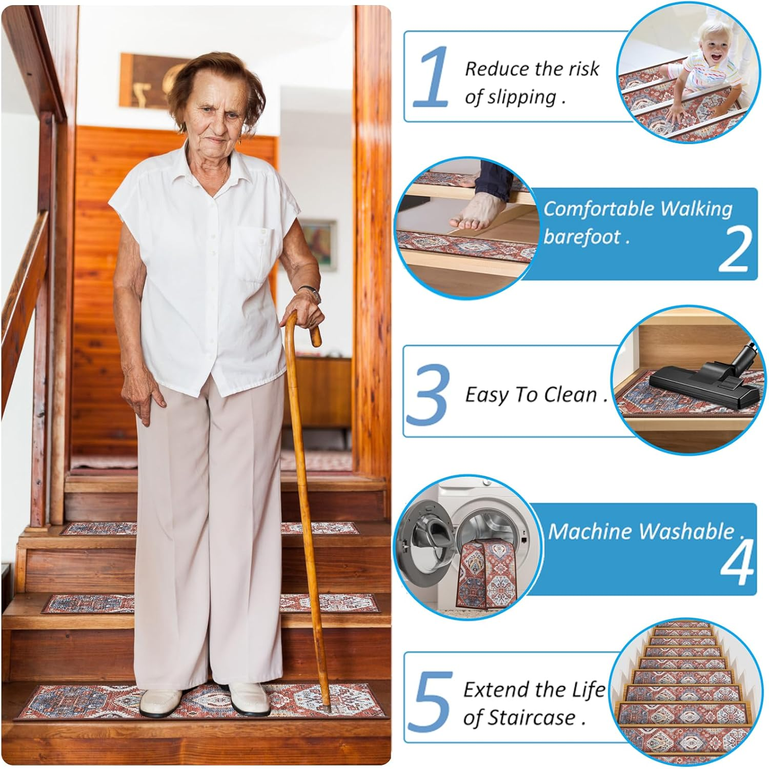 YWAQMCT Non-Slip Stair Pads, 15PCS Wood Stair Treads Carpe, anti Moving Modern Stair Rubber Mat Runner Safety for Kids Dogs, 8" X 30" (15Pcs, Red) - Brown image number 7