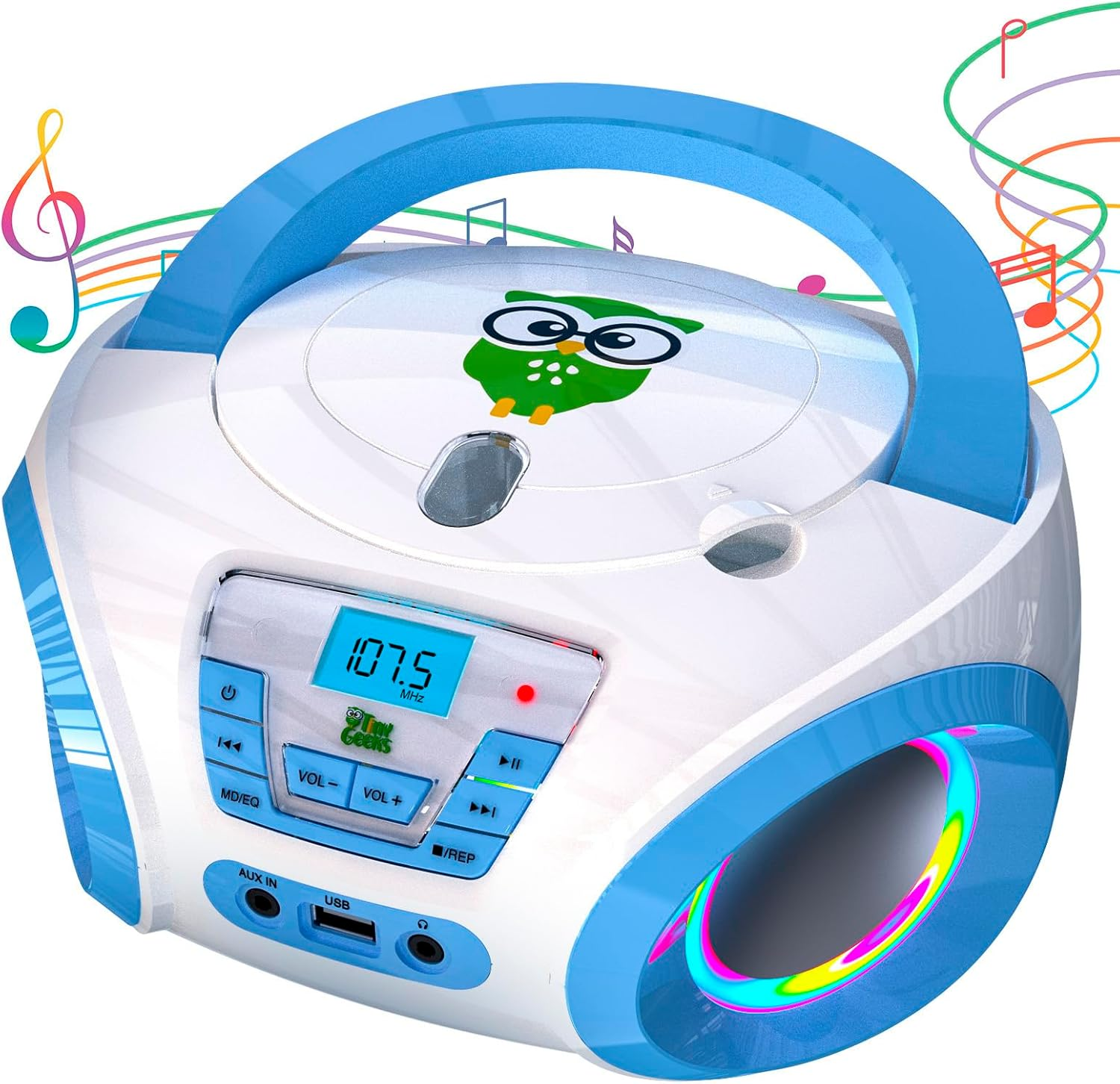 Tunes Kids Boombox CD Player for Kids - New - FM Radio - Batteries Included - Cute White Radio Cd Player with Speakers for Kids and Toddlers - Blue