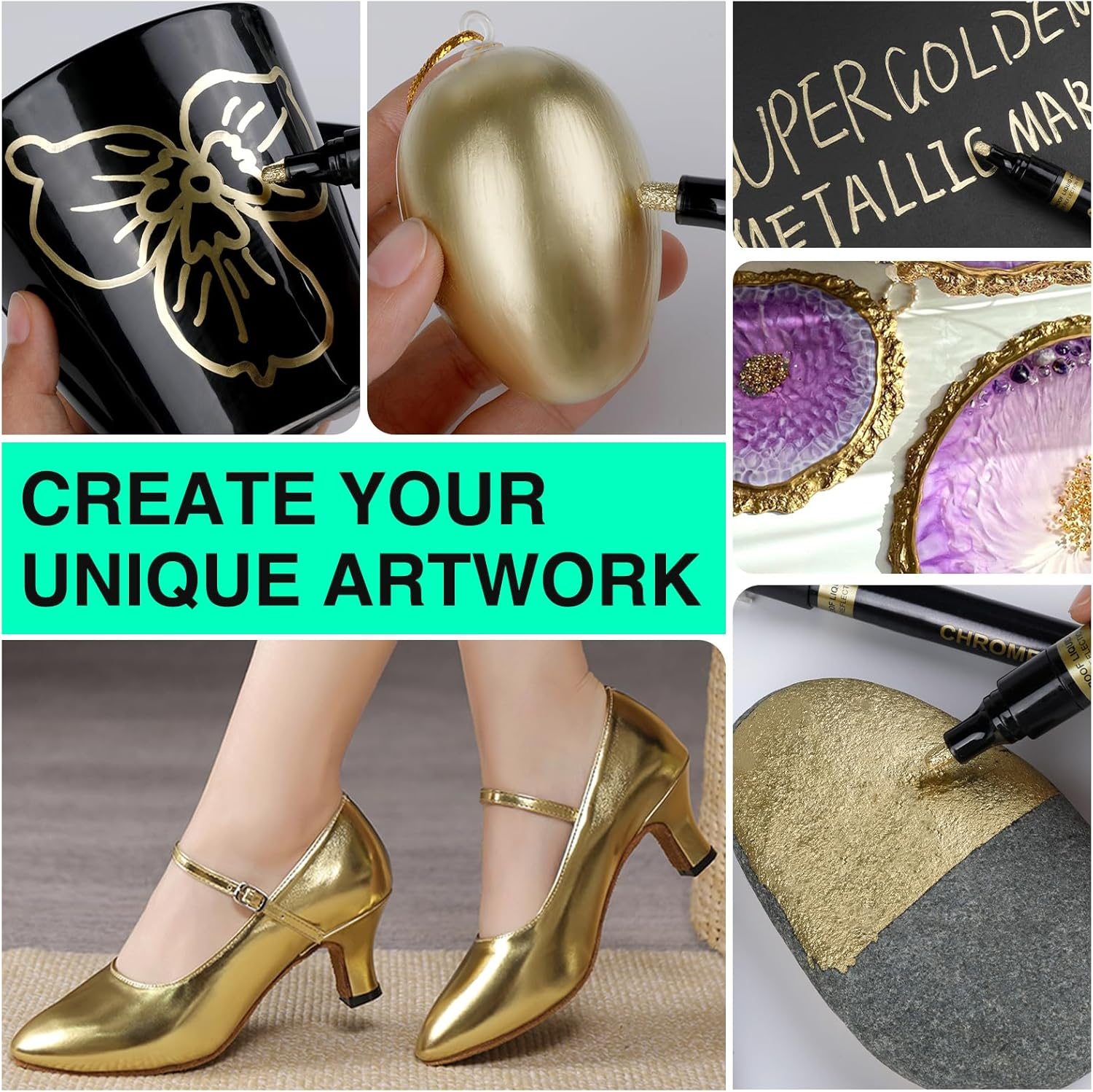 KERIFI Liquid Gold Chrome Markers, Supper Golden Metallic Paint Pens, Reflective Gloss Permanent Mirror Markers for Model Repairing, Resin Metal Glass Plastic, DIY Art Projects Crafts (5 Pack, 1-3Mm) - Silver image number 2