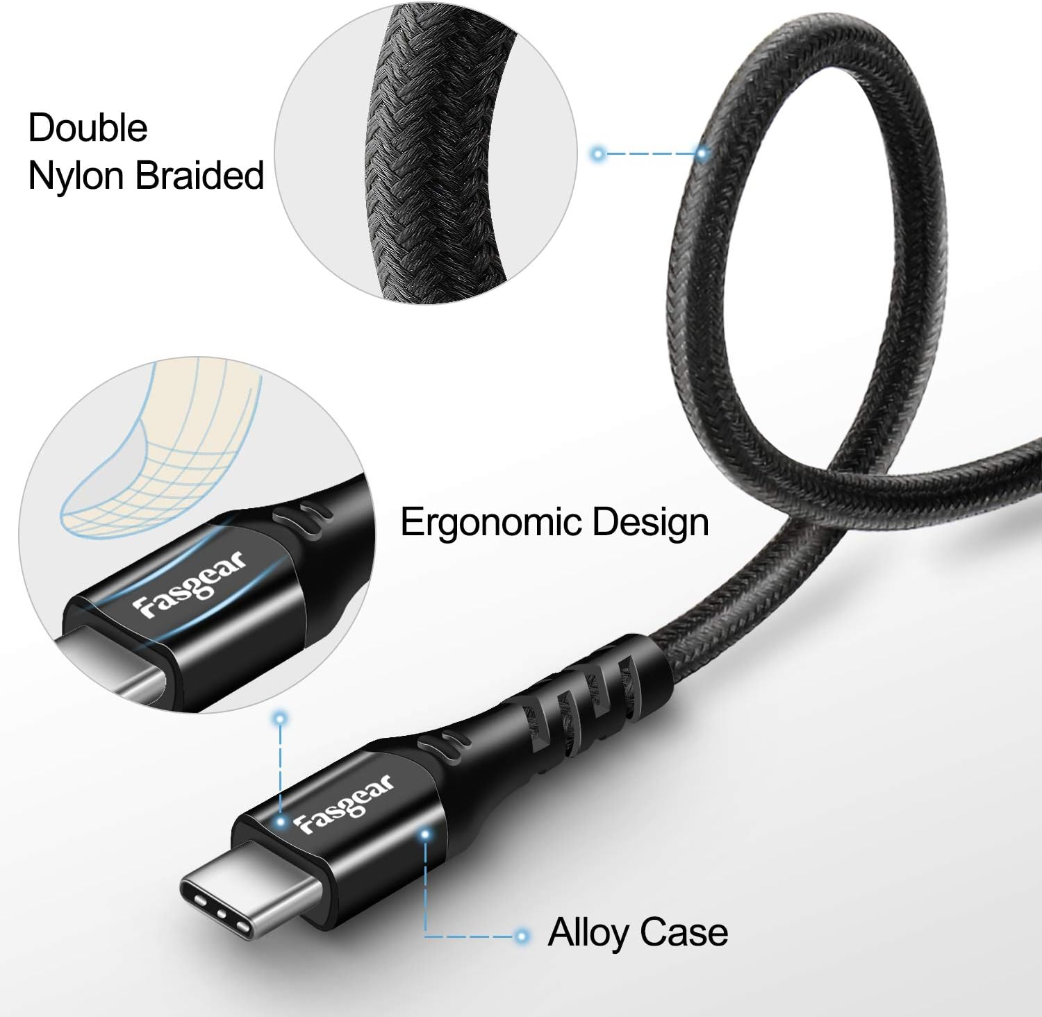 USB C Cable 1.8M, Fasgear 3A Fast Charging Nylon Braided USB 2.0 to Type C Cord High Speed Data Transfer Compatible with Galaxy S21 S20 Ultra S10 Note 9 S8, Moto G6 G7, Xperia L1 XA2, Huawei P20 Lite, Xiaomi MI 10 Pro (Black) image number 1