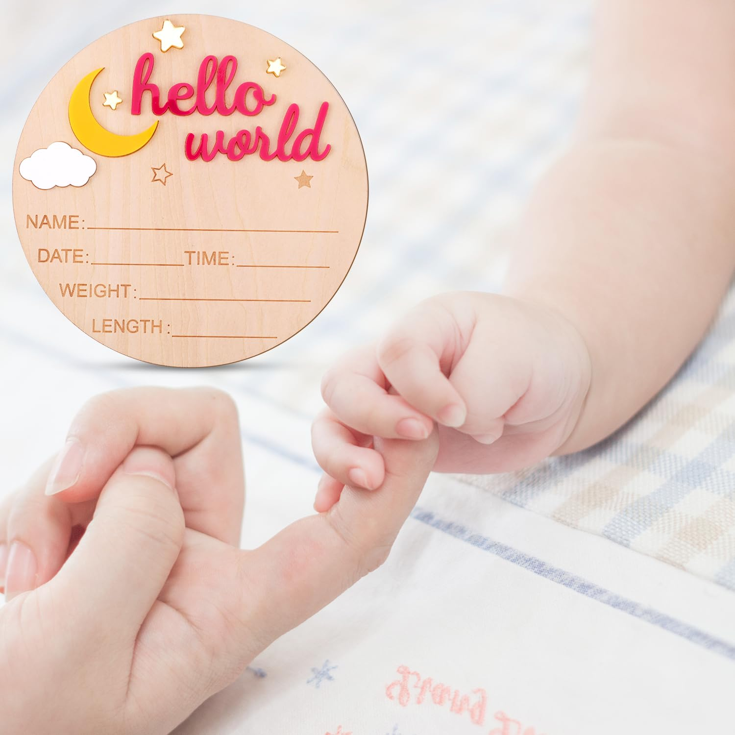 Wooden Hello World Newborn Sign, Cute Birth Announcement Board Baby Announcement Sign Newborn Welcome Sign Baby Name Plaque for Nursery Hospital Girl Boy Baby Shower Photo Props(Rose Red) image number 1