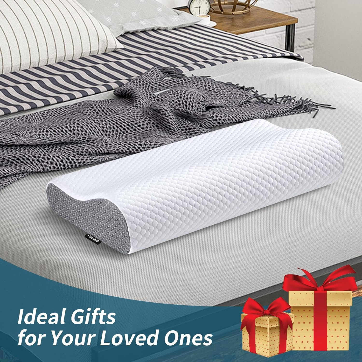 Polovo Neck Contour Memory Foam Pillows for Pain Relief Bed Pillow Sleeping, Ergonomic and Shoulder Pain, Orthopedic Cervical Side Back Stomach Sleeper, White&Grey, (KD220) image number 6