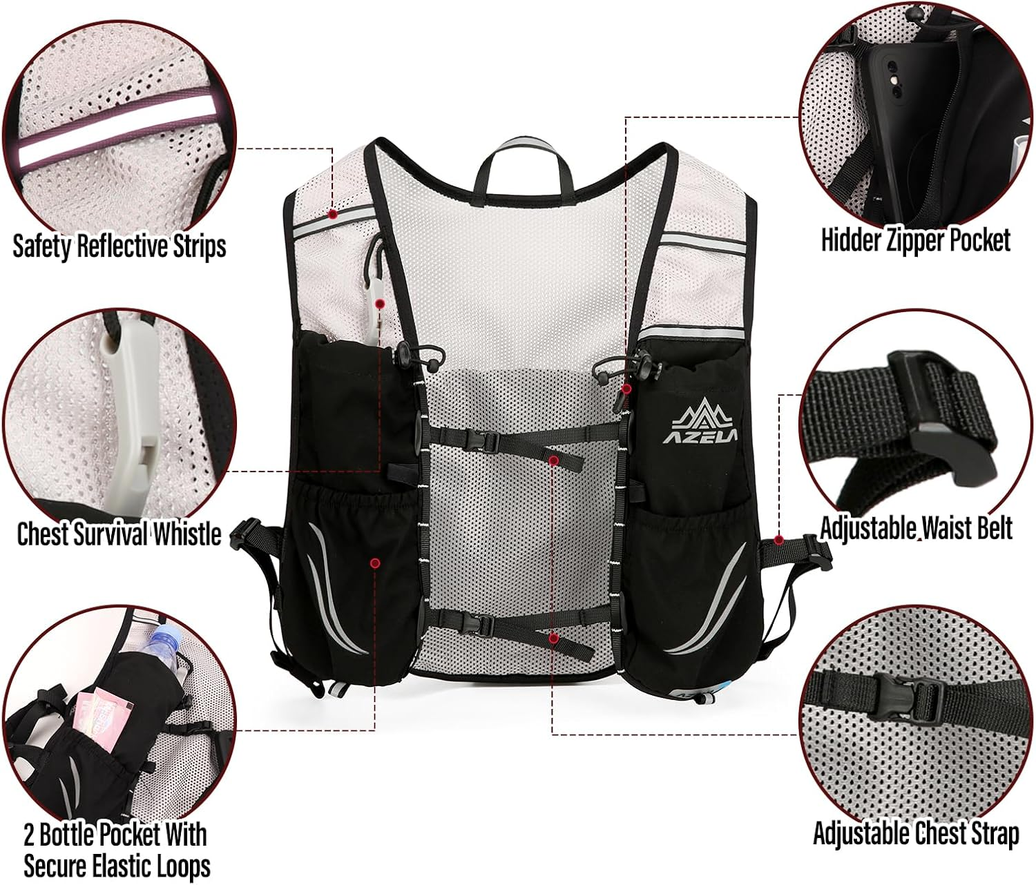 Running Vest Backpack, Lightweight Breathable Hydration Vest with Reflective Strips, Multi-Functional Adjustable Running Vests Womens Men for Outdoor Hiking Cycling - Black image number 6