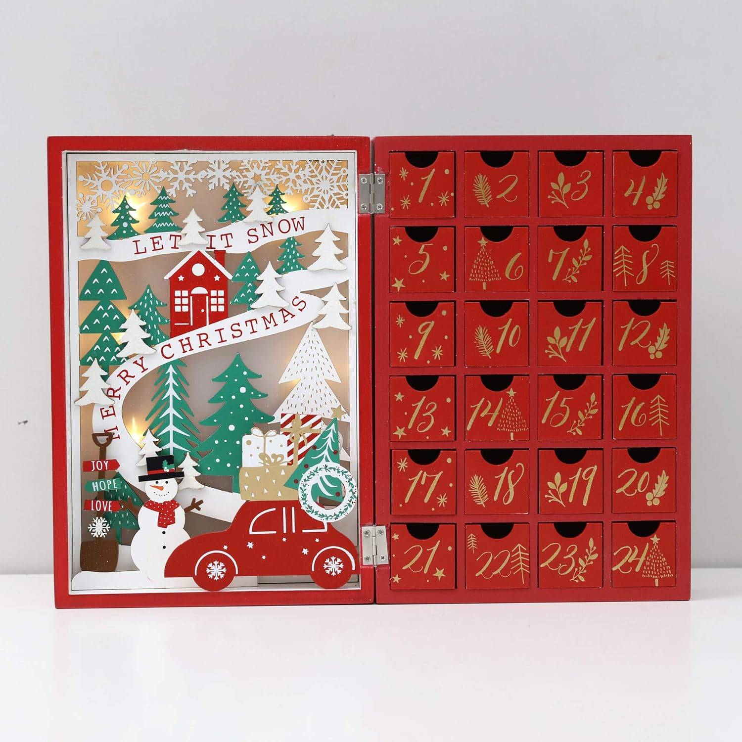 PE Christmas Wooden Advent Calendar Book with Drawers and LED, Reusable Countdown to Christmas Advent Calendar with Village Forest Snowman Scene Perfect Gift (Red) image number 2
