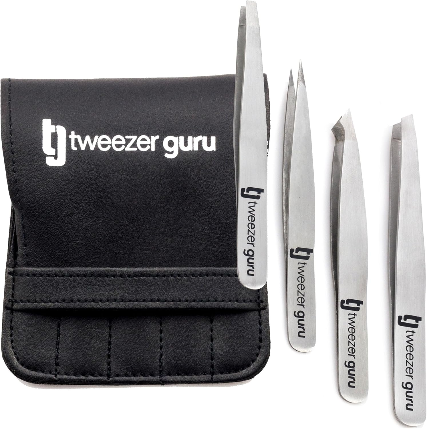 Tweezer Guru Tweezers Set 4-Piece - Stainless Steel Slant Tip and Pointed Eyebrow Tweezer Set - Great Precision for Facial Hair, Ingrown Hair, Splinter, Blackhead and Tick Remover (Silver) image number 1