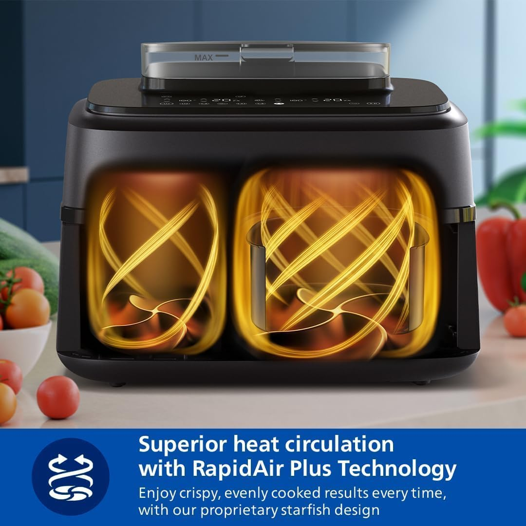Philips Dual Basket Air Fryer 5000 Series, 9L, Steam Function, 2 Baskets, Synch Function, Rapid Air Technology, Versatile Large Hot Air Fryer, 90% Less Fat and Energy Saving, Homeid App (NA551/00) image number 4