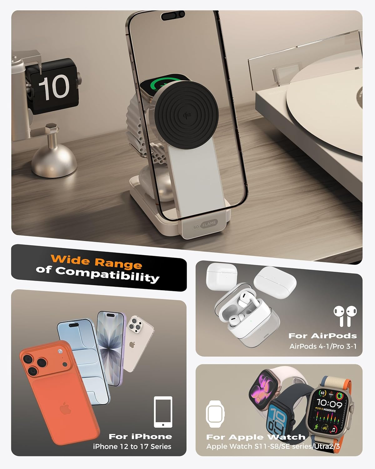 3 in 1 Foldable Mag-Safe Wireless Charger with Adapter &ndash; Magnetic Travel Charging Station for Iphone and Watch, Airpods &ndash; Fast Portable Charging Stand (Qi2 Beige & 30W Gan Adapter) image number 4