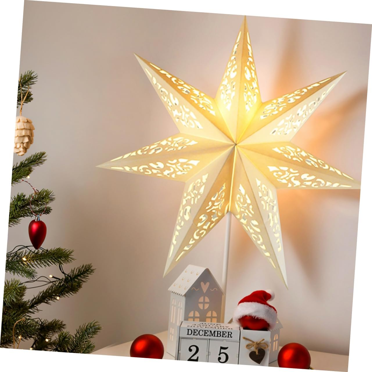 ULTECHNOVO 5Pcs White Paper Star Lanterns Hanging Decorations with String Elegant Pointed Star Lampshades for Christmas Wedding Birthday Party Holiday Indoor Outdoor Use image number 1