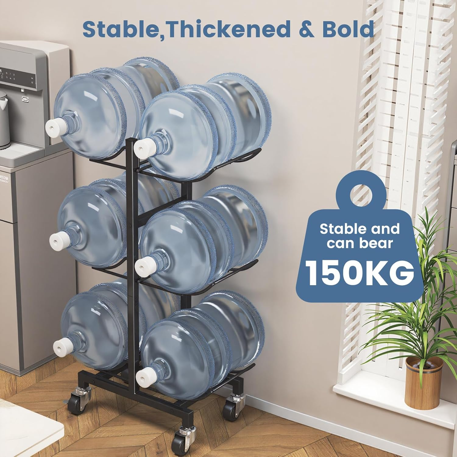 5 Gallon Water Jug Holder with 4 Wheels, 3-Tier Movable Water Bottle Rack Heavy Duty Foldable Water Jug Stand Water Bottle Holder Water Cooler Jug Storage Rack for 6 Bottles
