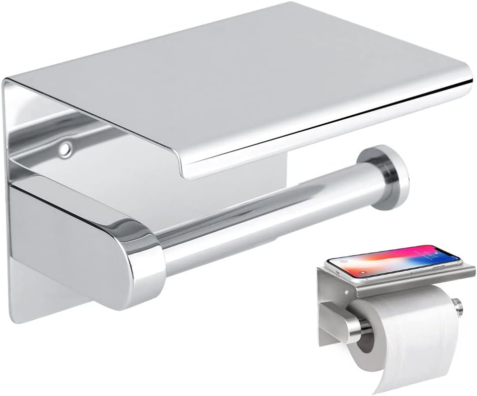 TOWOMO Toilet Paper Roll Holder with Shelf, Two Installation Methods Drill or No Drilling Adhesive Wall Mounted SUS304 Stainless Steel Tissue Dispenser image number 5