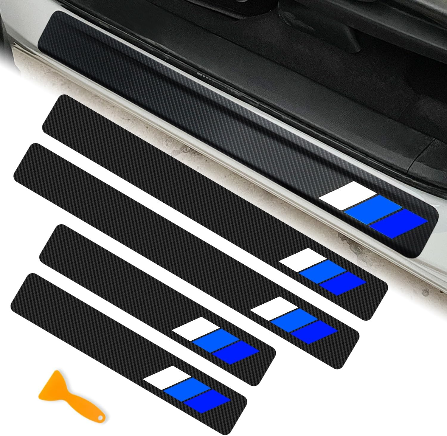 MOCHENT Tricolor Door Sill Protectors for Toyota Tacoma TRD 4Runner Tundra Rav4 Highlander Accessories, Carbon Fiber Front/Rear Door Sill Plate Guard, Retro Stripe Door Entry Guard Stickers(4 Pcs)