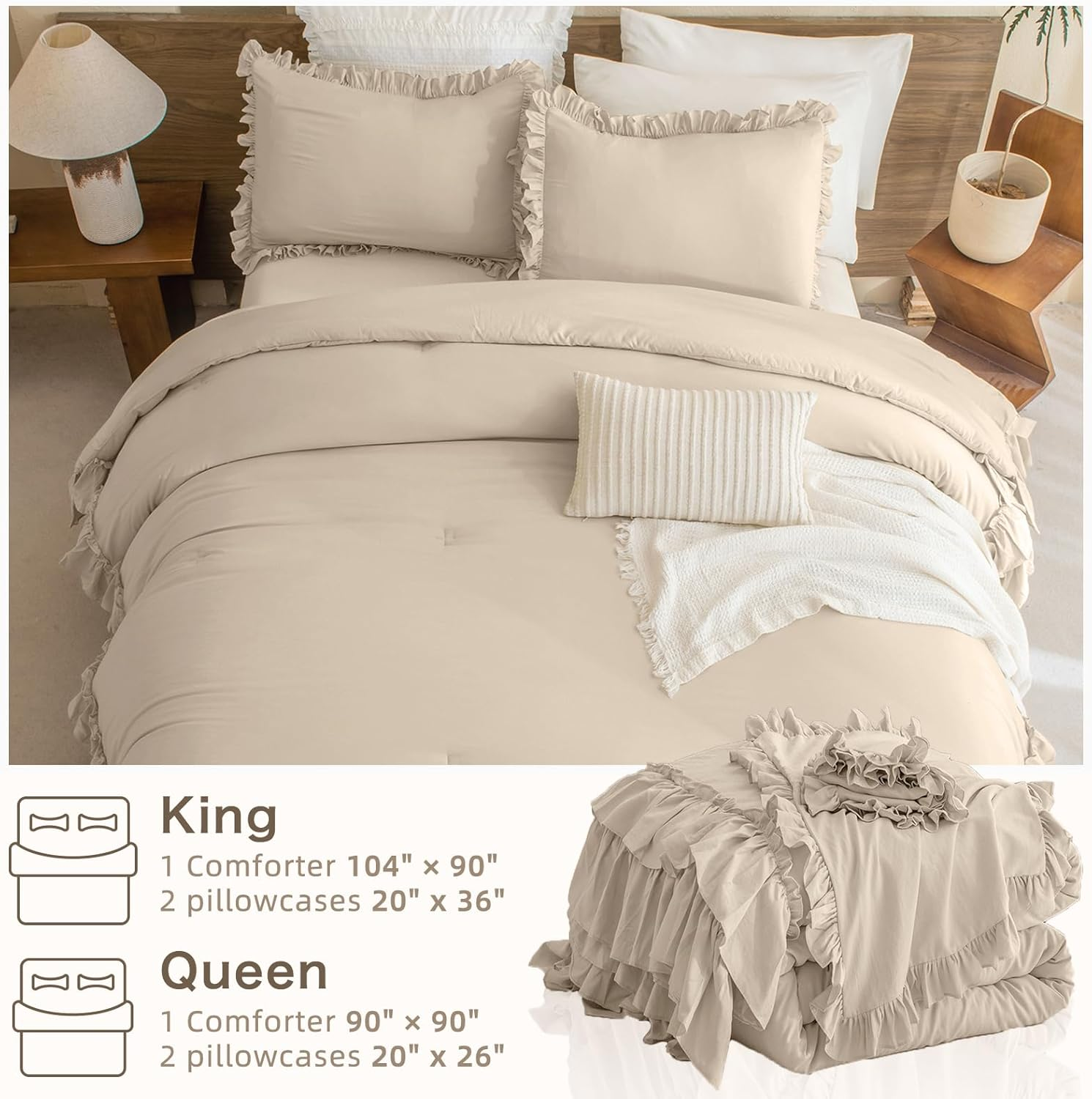 Masaca Ruffled Comforter Set Queen,3-Piece Farmhouse Shabby Boho Chic Bedding,Ultra Soft Linen Feel Textured Bed Comforter Set (1 Ruffle Comforter+2 Pillow Shams) image number 6