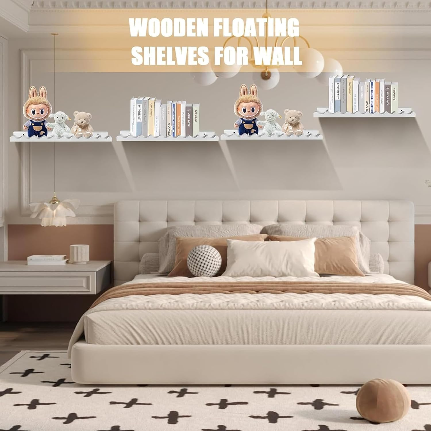 White Nursery Wall Mounted Book Shelves, Floating Bookshelf for Kids Bedroom, Toddler Room, Baby Room, 4Packs 40 * 11 * 4Cm