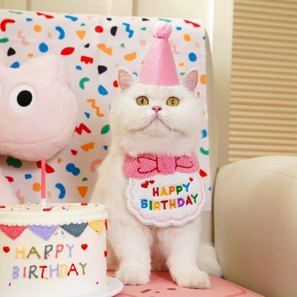 Dog Birthday Hat Cat Pet Supplies Scarf Set for Small Dogs and Cats, Cat Birthday Bandana Cute Dog Hat Pets Party Supplies Decorations Outfit for Cat and Dog (Pink A) - Blue image number 3