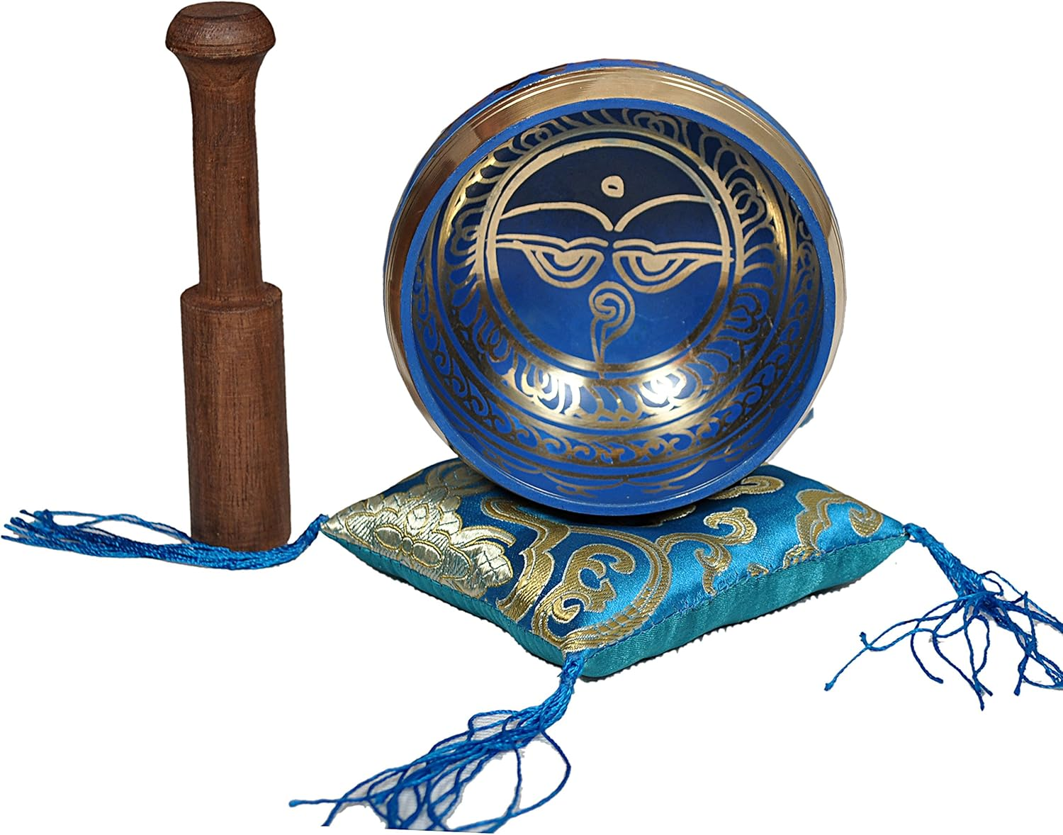 Tibetan Meditation Singing Bowl for Relaxation and Healing - with Traditional Design Tibetan Buddhist Prayer Flags - Handmade in Nepal (Blue) - Green image number 2