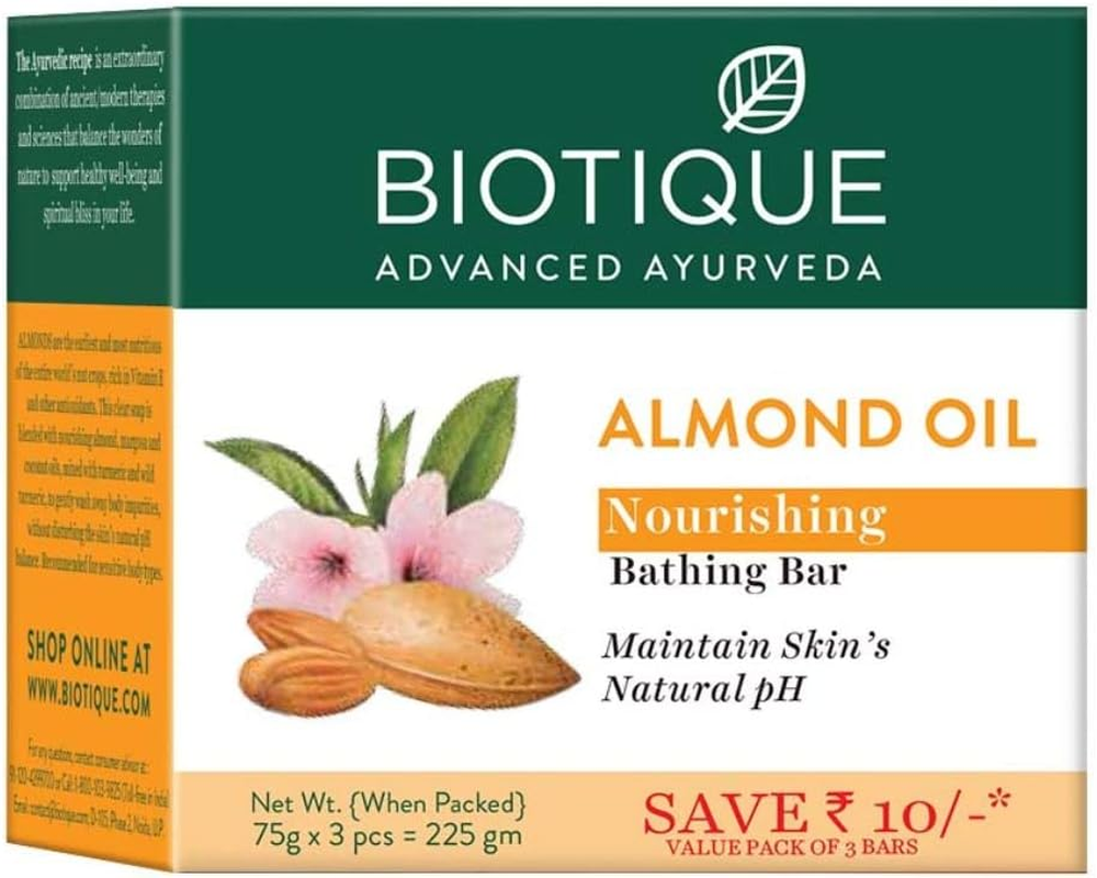 Biotique Bio Almond Oil Nourishing Body Soap, Pack of 3, 225 G (3 X 75 G) image number 1