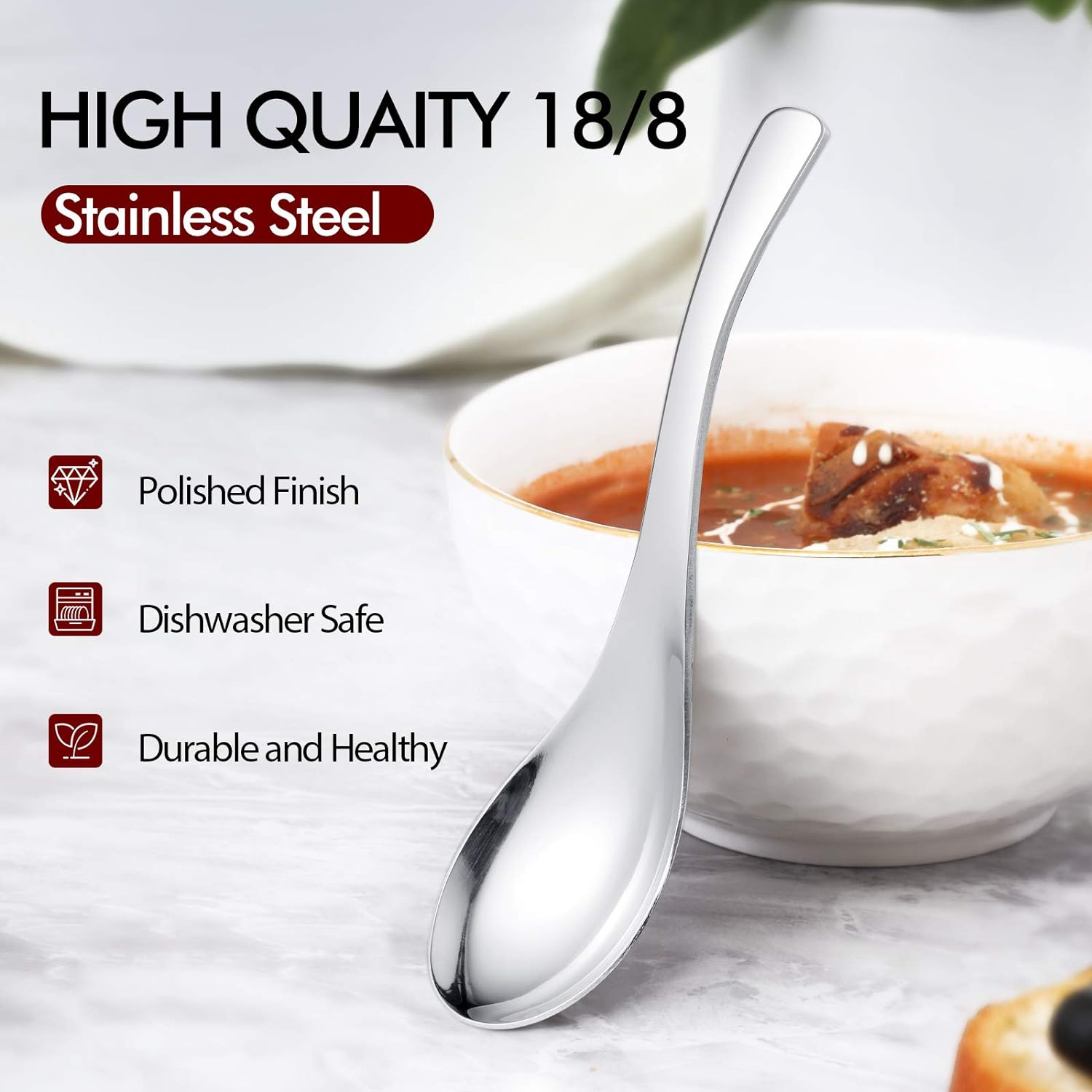 HIWARE Thick Heavy-Weight Soup Spoons, Set of 6, Stainless Steel