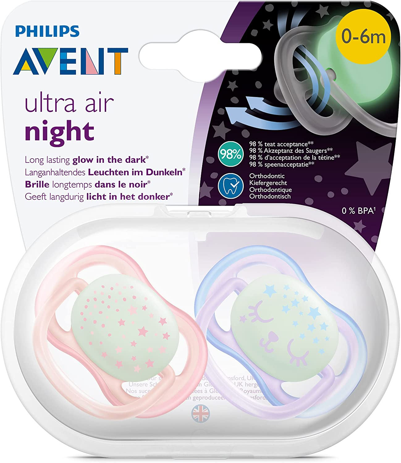 Philips Avent Ultra Air Soother Nighttime Glow, 6-18 Months, 2-Pack, SCF376/20 image number 1