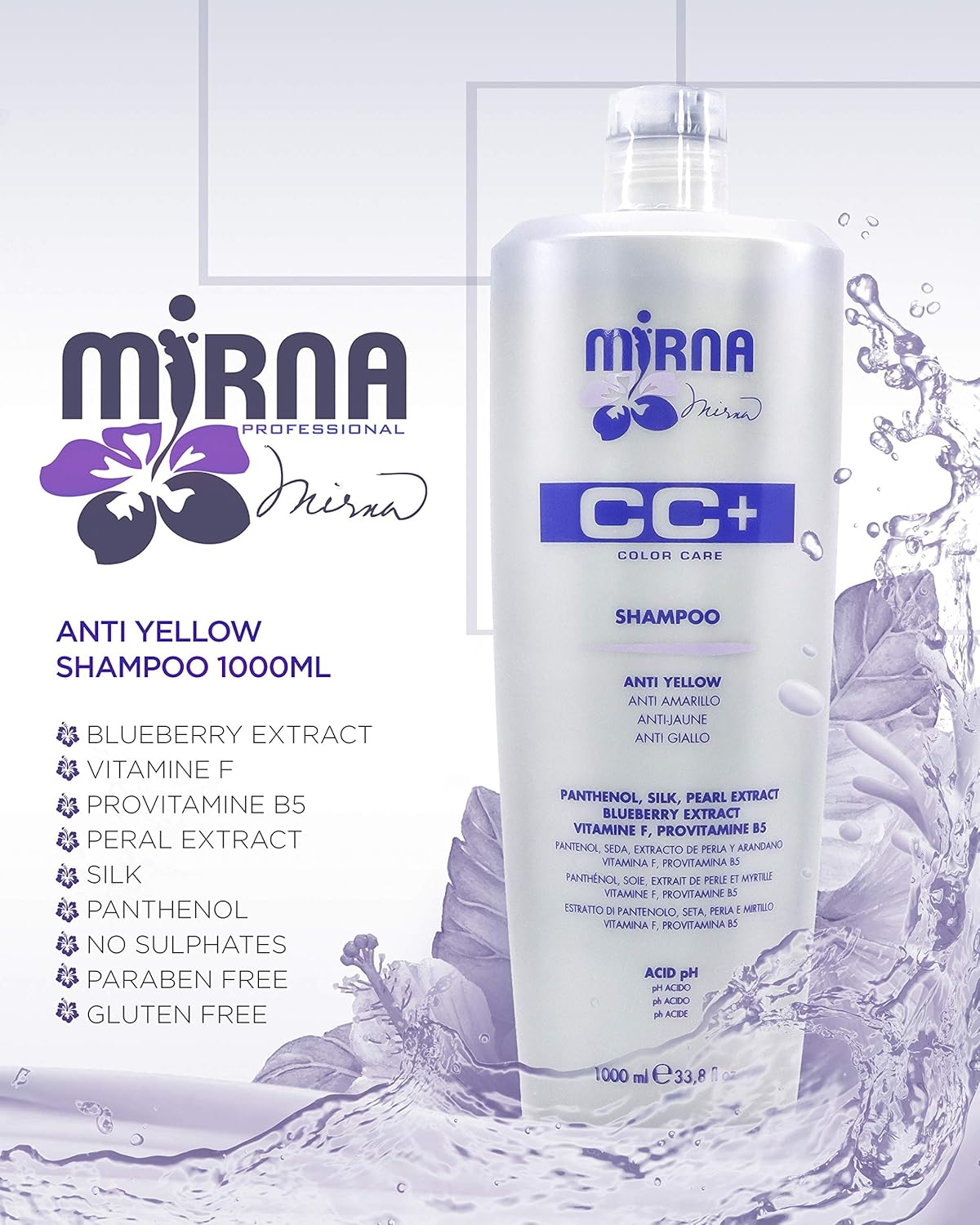 Mirna Professional anti Yellow Color Care Shampoo. Delicate Ph Acid Formula, Also Contains Vitamin F, Provitamin B5 Panthenol, Silk and Pearl Extracts. Enriched with Blueberry Extract. 1000Ml / 33.8Oz image number 2